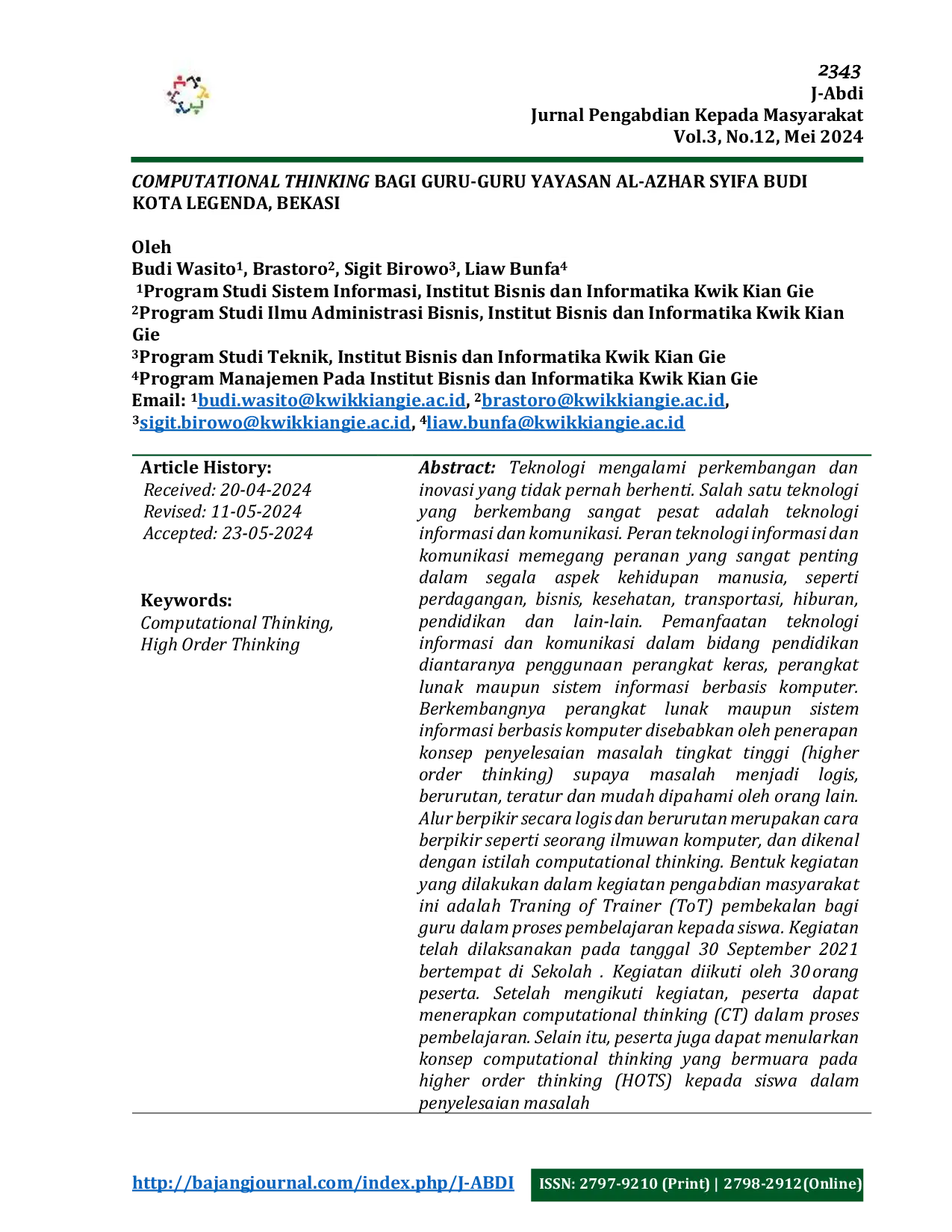 JURIS Computational Thinking Bagi Guru Guru Yayasan Al Azhar Syifa Budi Kota Legenda Bekasi