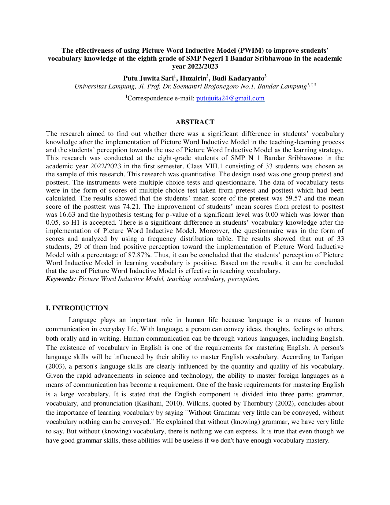 JURIS The effectiveness of using Picture Word Inductive Model PWIM to improve students vocabulary knowledge at the eighth grade of SMP Negeri 1 Bandar Sribhawono in the academic year 2022 2023