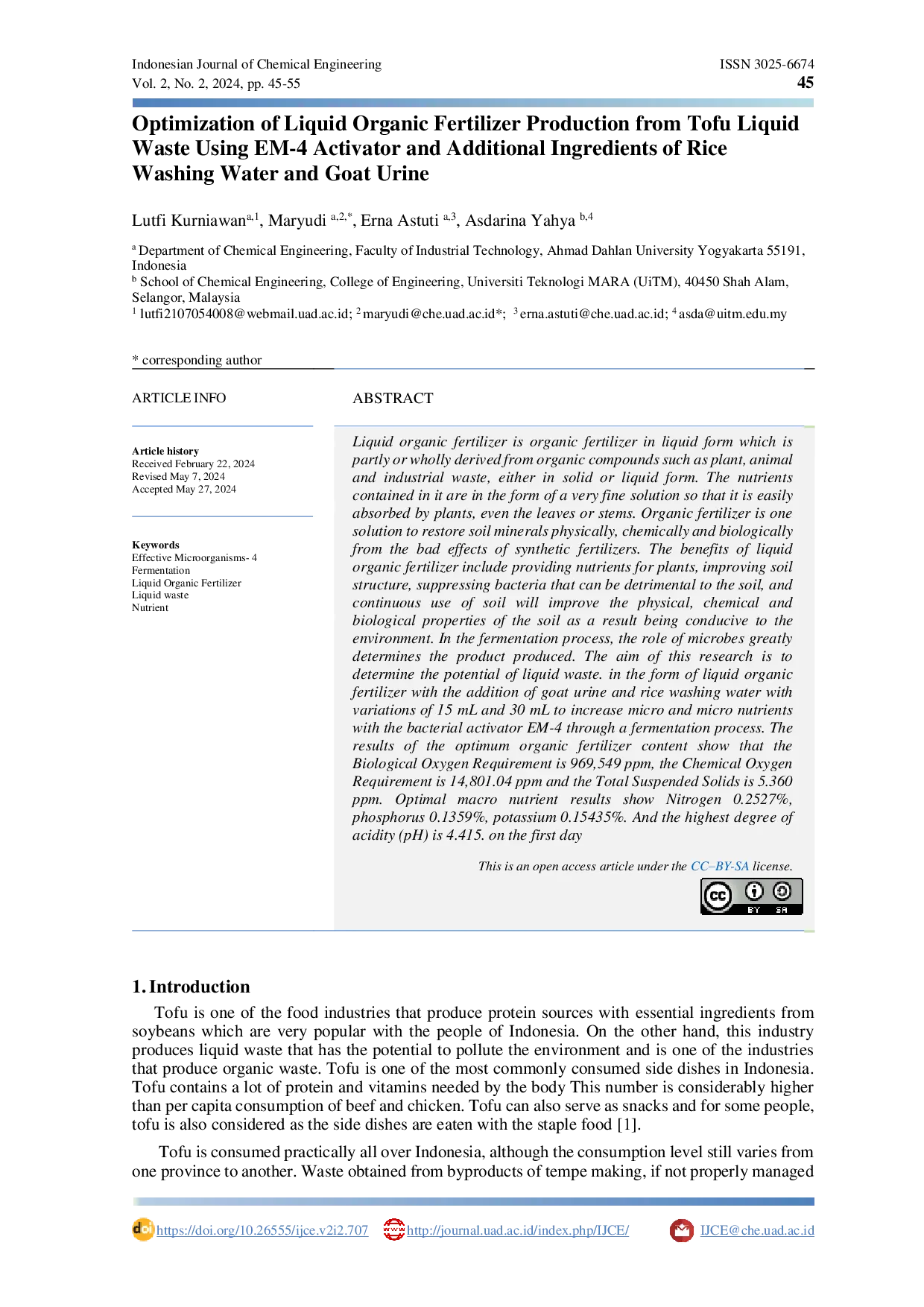 JURIS Optimization of Liquid Organic Fertilizer Production from Tofu Liquid Waste Using EM 4 Activator and Additional Ingredients of Rice Washing Water and Goat Urine