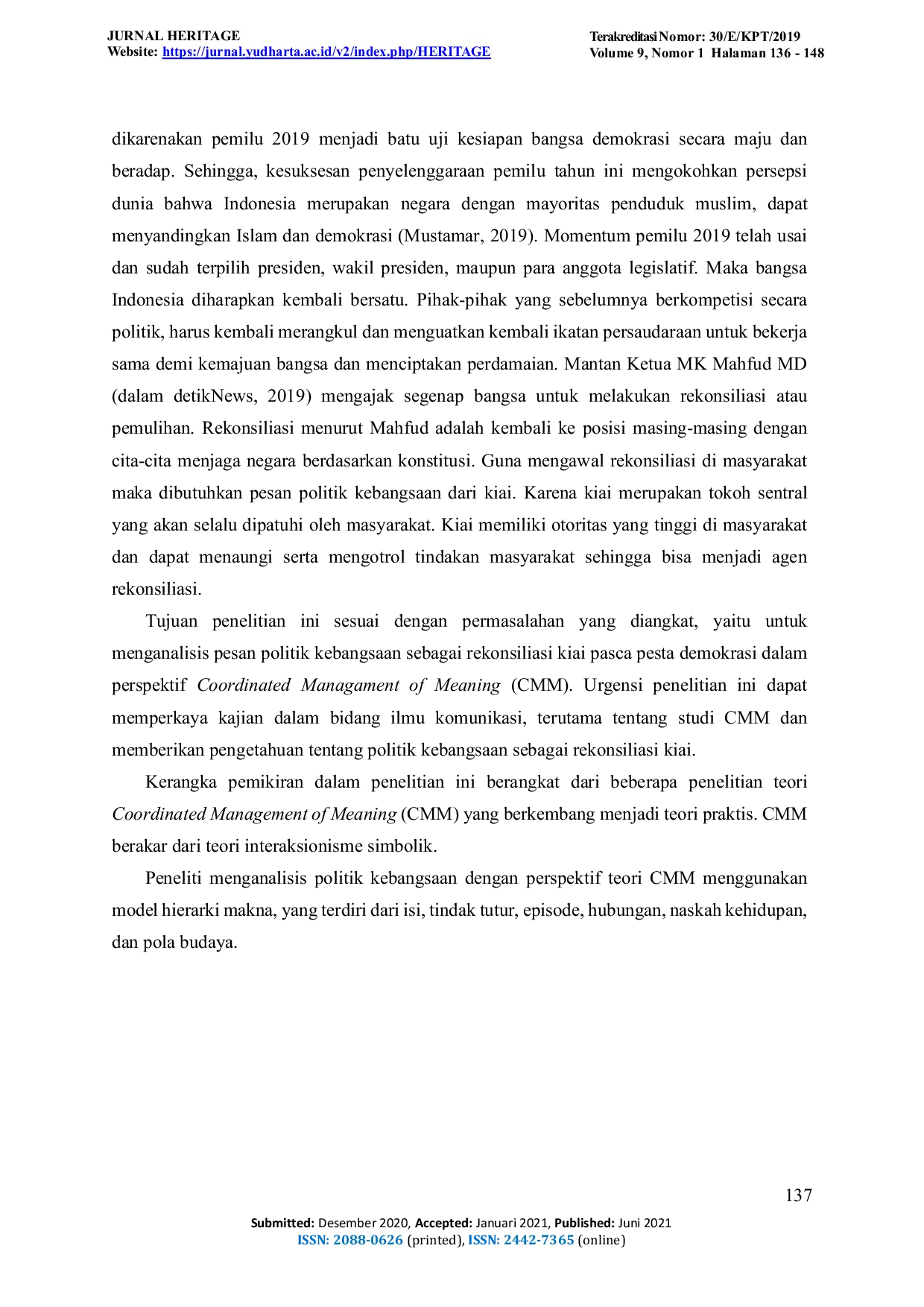 JURIS Pesan Politik Kebangsaan Sebagai Rekonsiliasi Kiai Pasca Pesta Demokrasi Dalam Perspektif Coordinated Management of Meaning CMM