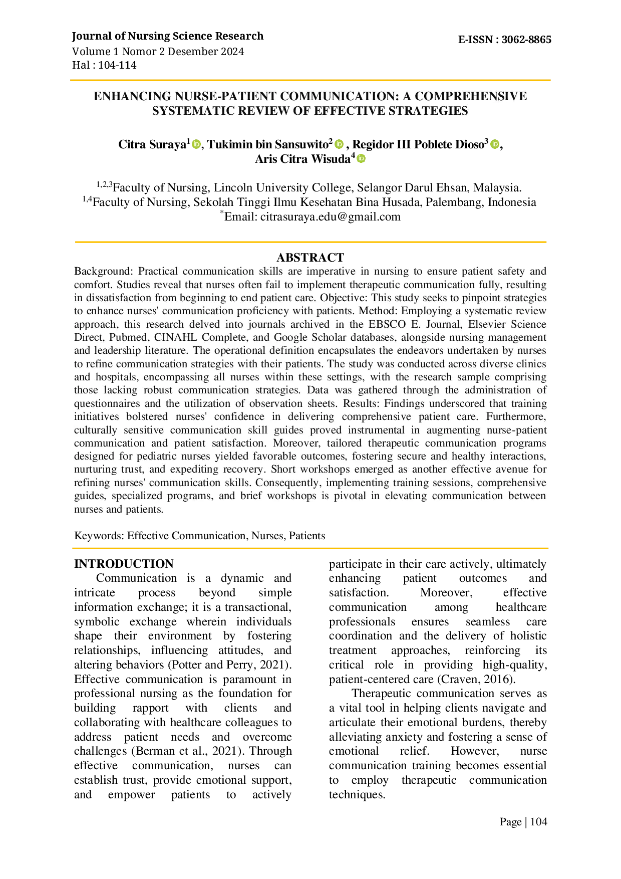 JURIS Peningkatan Komunikasi Perawat Pasien Tinjauan Sistematis Terhadap Strategi Efektif