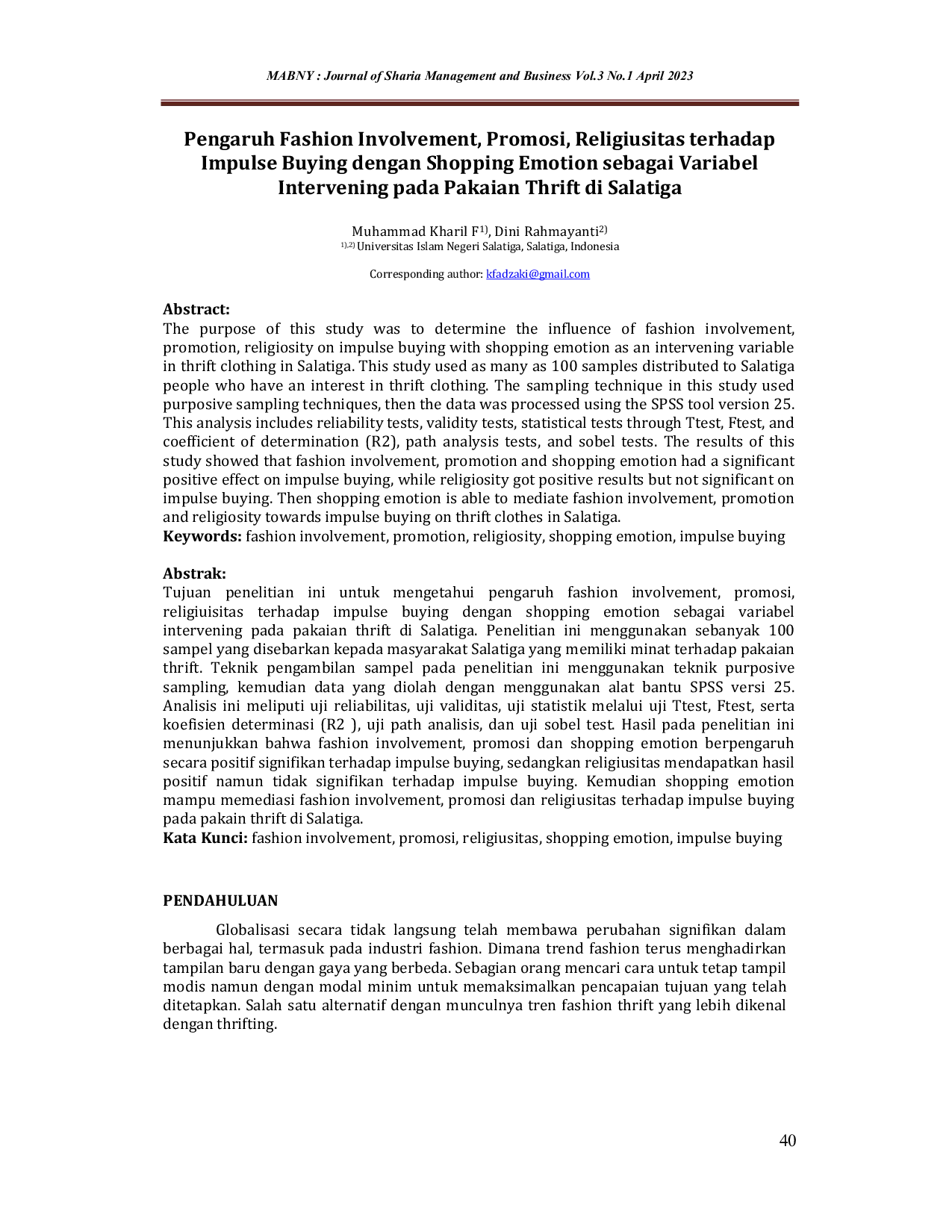 JURIS Pengaruh Fashion Involvement Promosi Religiusitas terhadap Impulse Buying dengan Shopping Emotion sebagai Variabel Intervening pada Pakaian Thrift di Salatiga