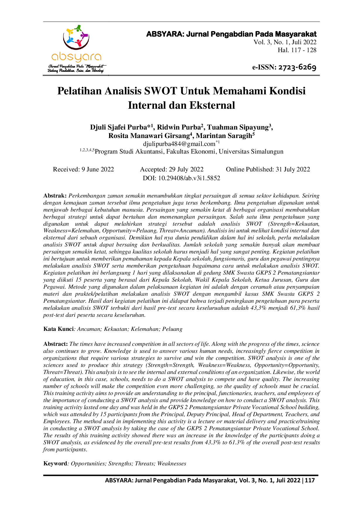 JURIS Pelatihan Analisis Swot Untuk Memahami Kondisi Internal Dan Eksternal