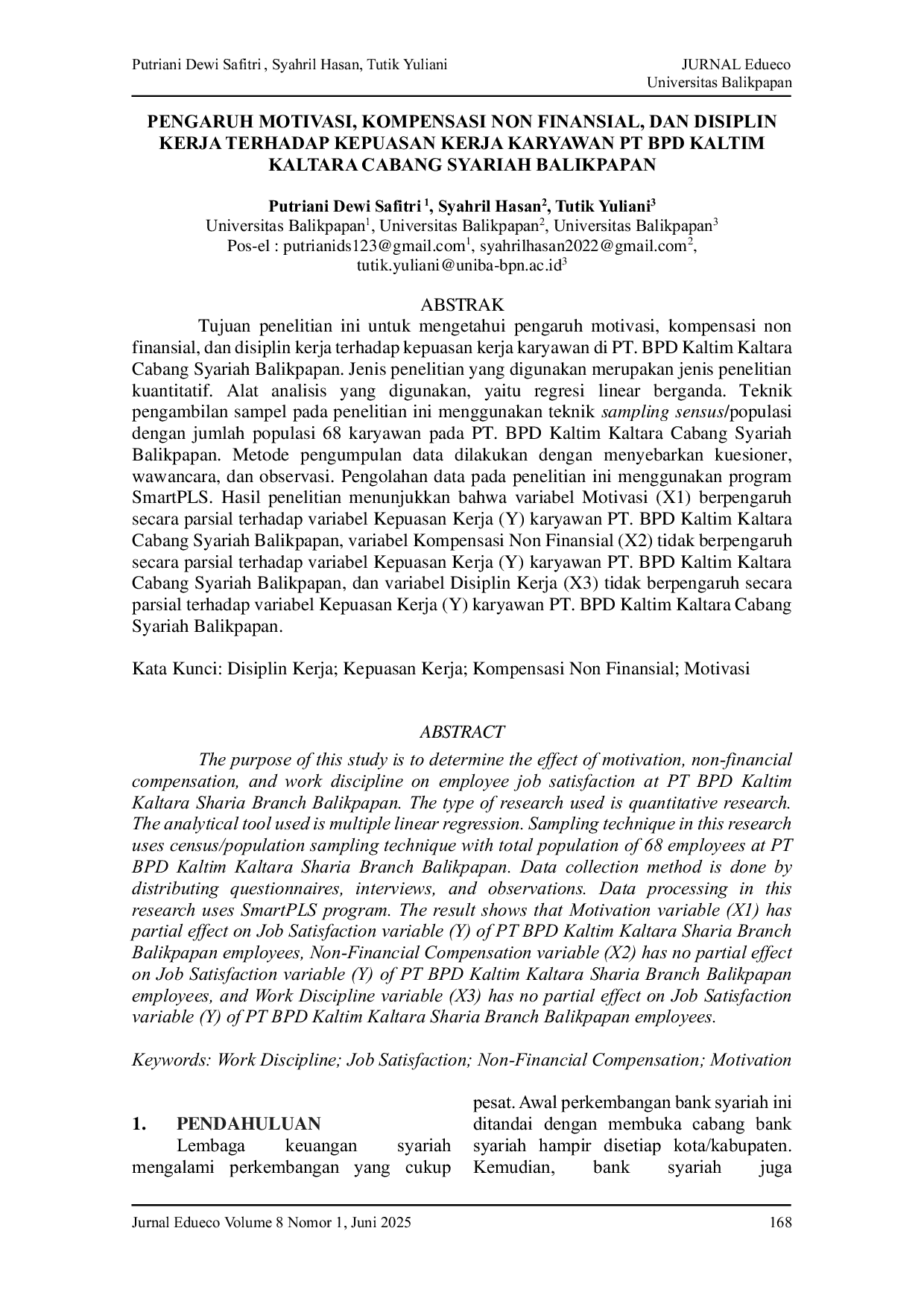JURIS Pengaruh Motivasi Kompensasi Non Finansial Dan Disiplin Kerja Terhadap Kepuasan Kerja Karyawan Pt Bpd Kaltim Kaltara Cabang Syariah Balikpapan