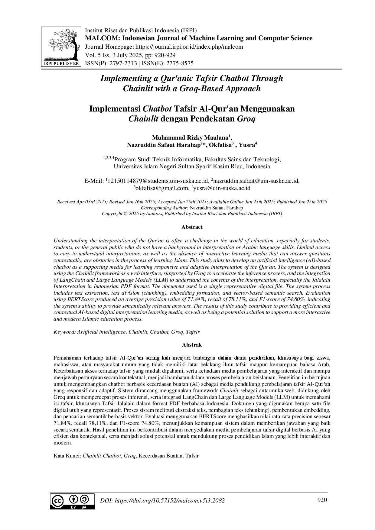 juris Implementasi Chatbot Tafsir Al Qur an Menggunakan Chainlit dengan Pendekatan Groq