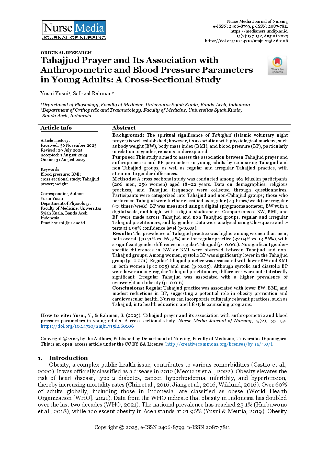 juris Tahajjud Prayer and Its Association with Anthropometric and Blood Pressure Parameters in Young Adults A Cross Sectional Study