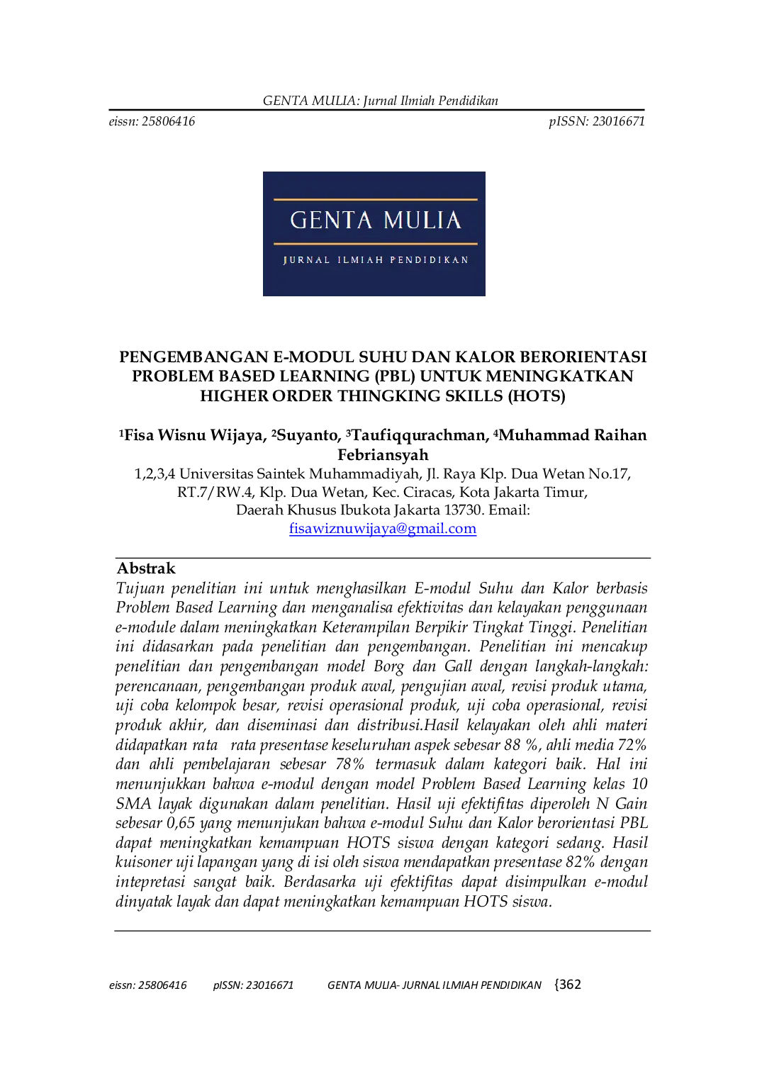 JURIS Pengembangan E Modul Suhu dan Kalor Berorientasi Problem Based Learning PBL untuk Meningkatkan Higher Order Thinking Skills HOTS