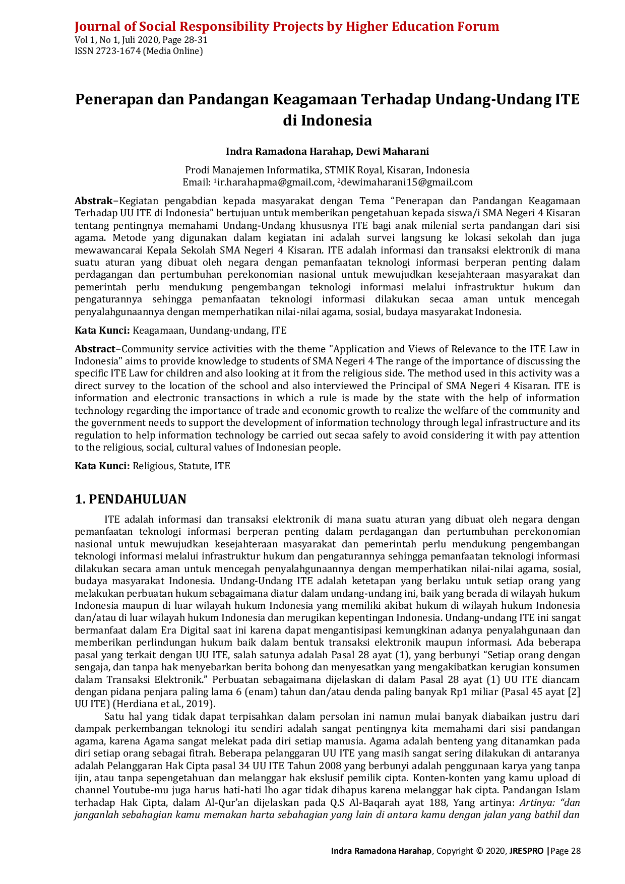 JURIS Penerapan dan Pandangan Keagamaan Terhadap Undang Undang ITE di Indonesia