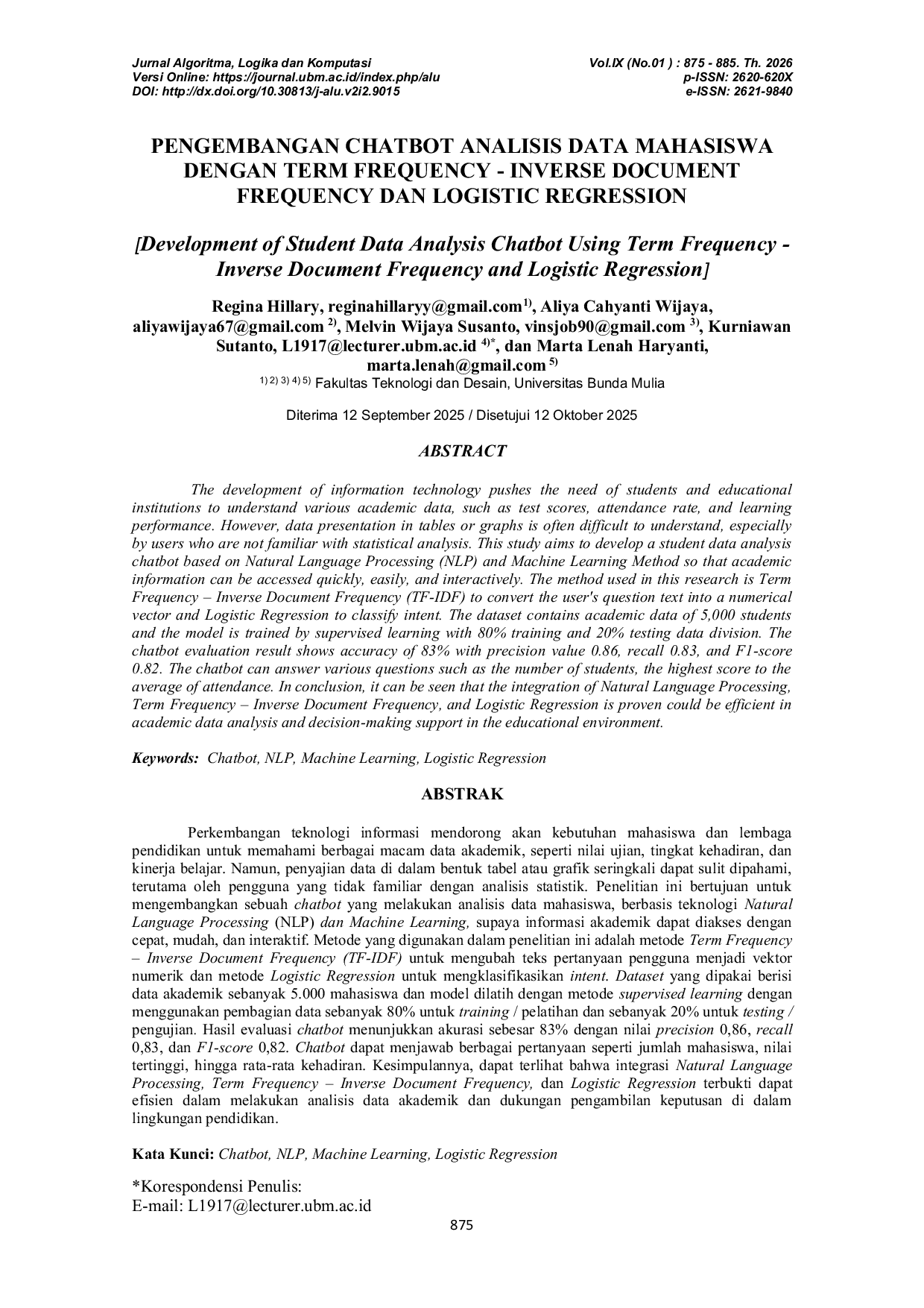 JURIS Pengembangan Chatbot Analisis Data Mahasiswa Dengan Term Frequency Inverse Document Frequency Dan Logistic Regression