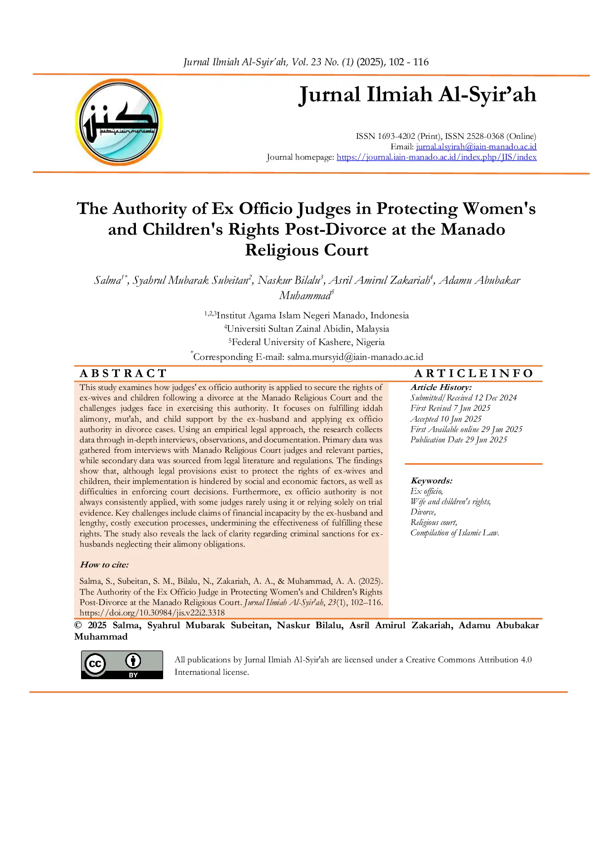 JURIS The Authority of Ex Officio Judges in Protecting Women s and Children s Rights Post Divorce at the Manado Religious Court