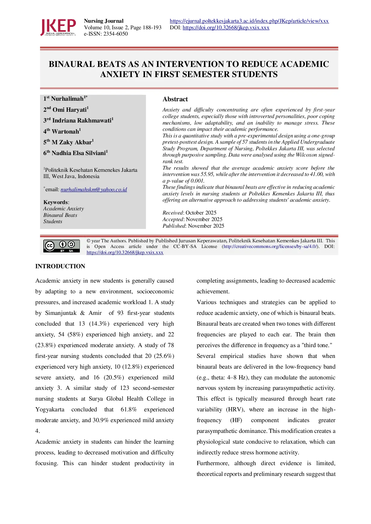 JURIS Binaural Beats As An Intervention To Reduce Academic Anxiety In First Semester Students