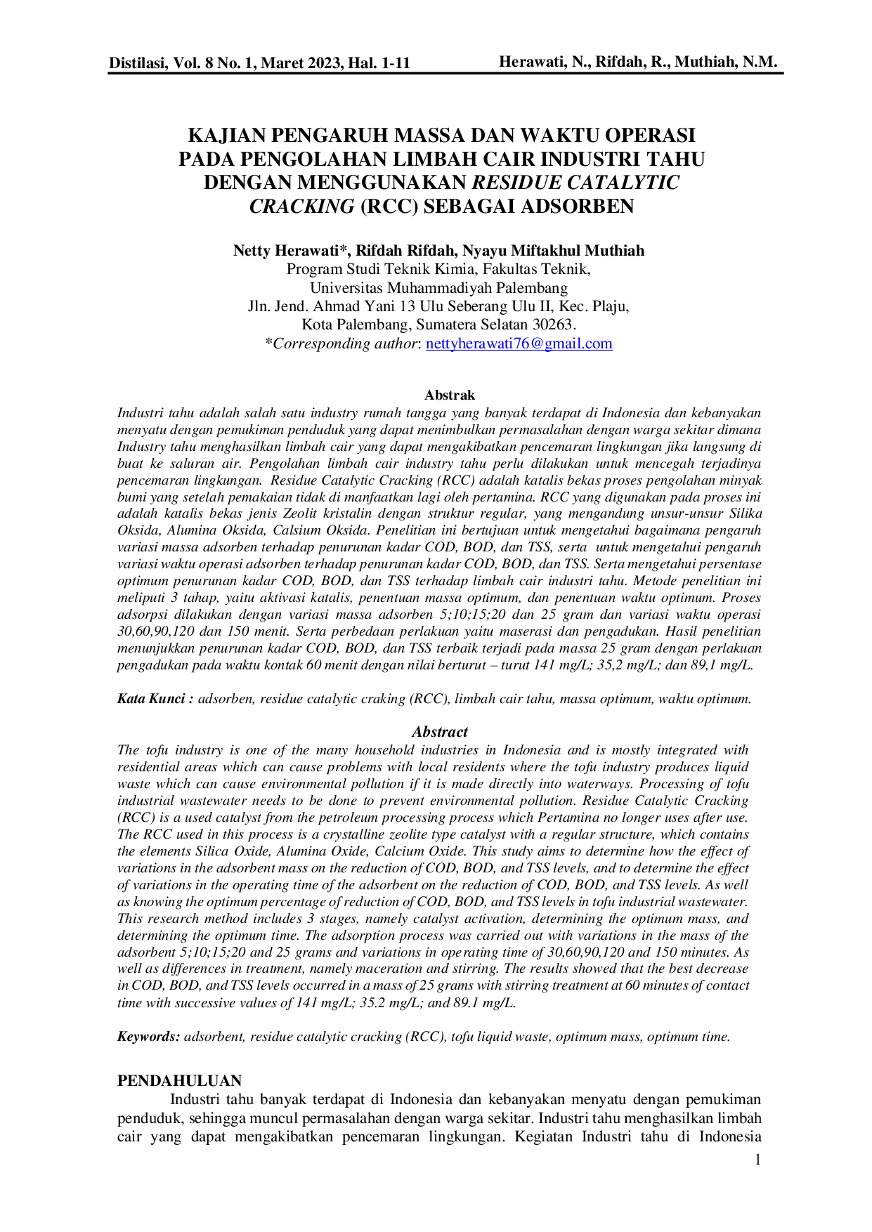 JURIS Kajian Pengaruh Massa dan Waktu Operasi Pada Pengolahan Limbah Cair Industri Tahu Dengan Menggunakan Residue Catalytic Cracking RCC Sebagai Adsorben