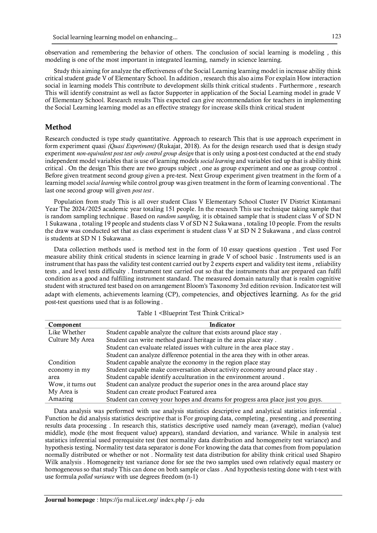 JURIS Social learning model on enhancing students critical thinking ability in elementary school