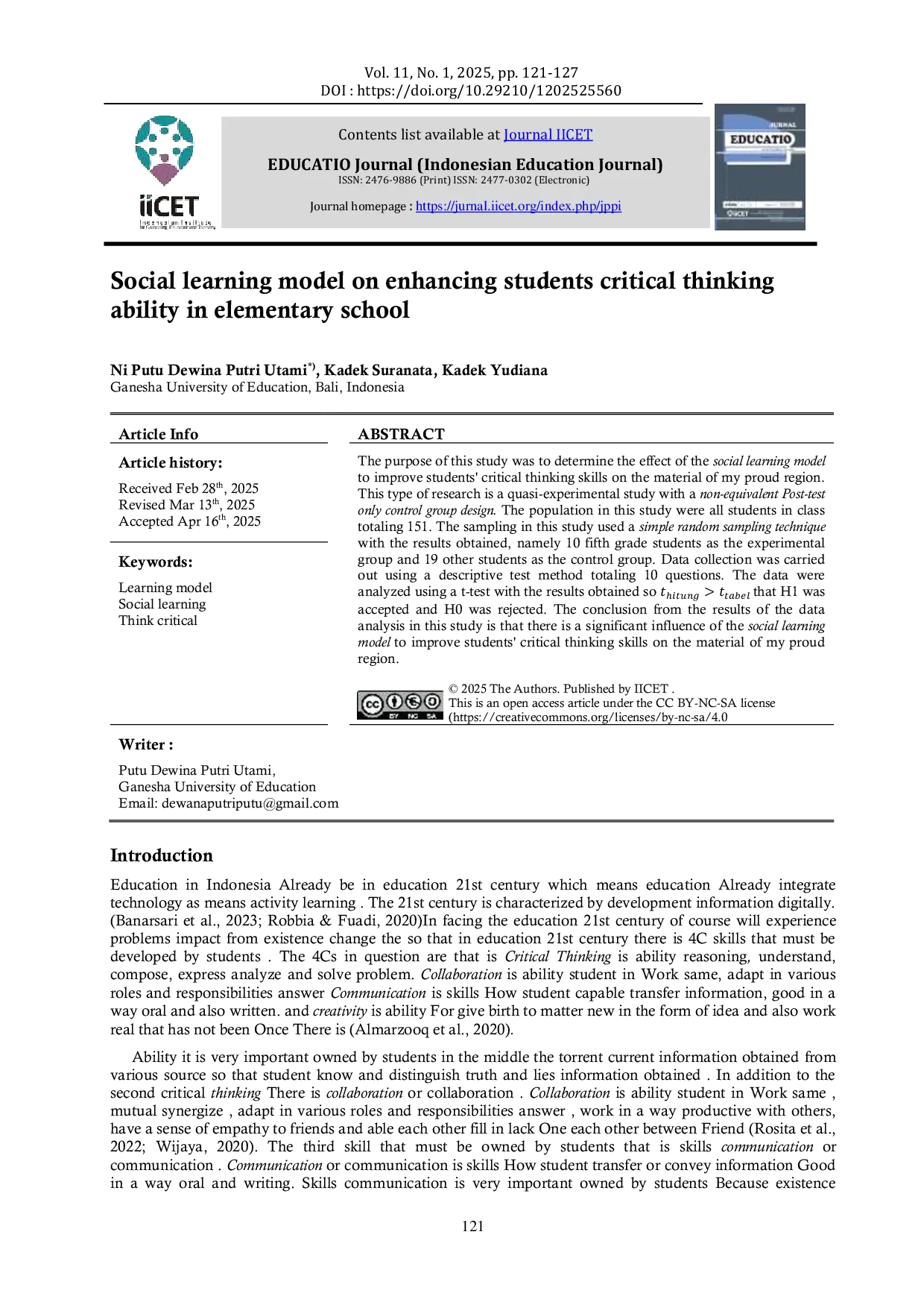 JURIS Social learning model on enhancing students critical thinking ability in elementary school