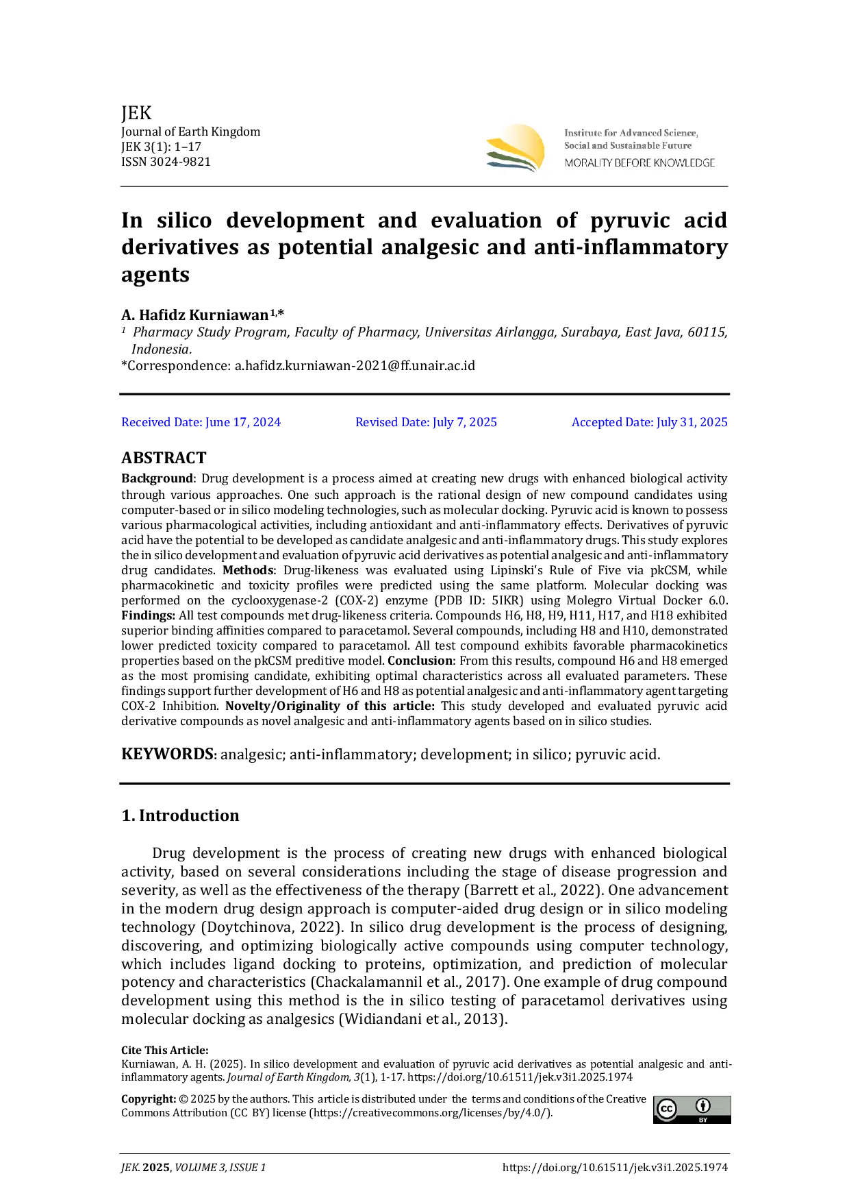 JURIS In silico development and evaluation of pyruvic acid derivatives as potential analgesic and anti inflammatory agents