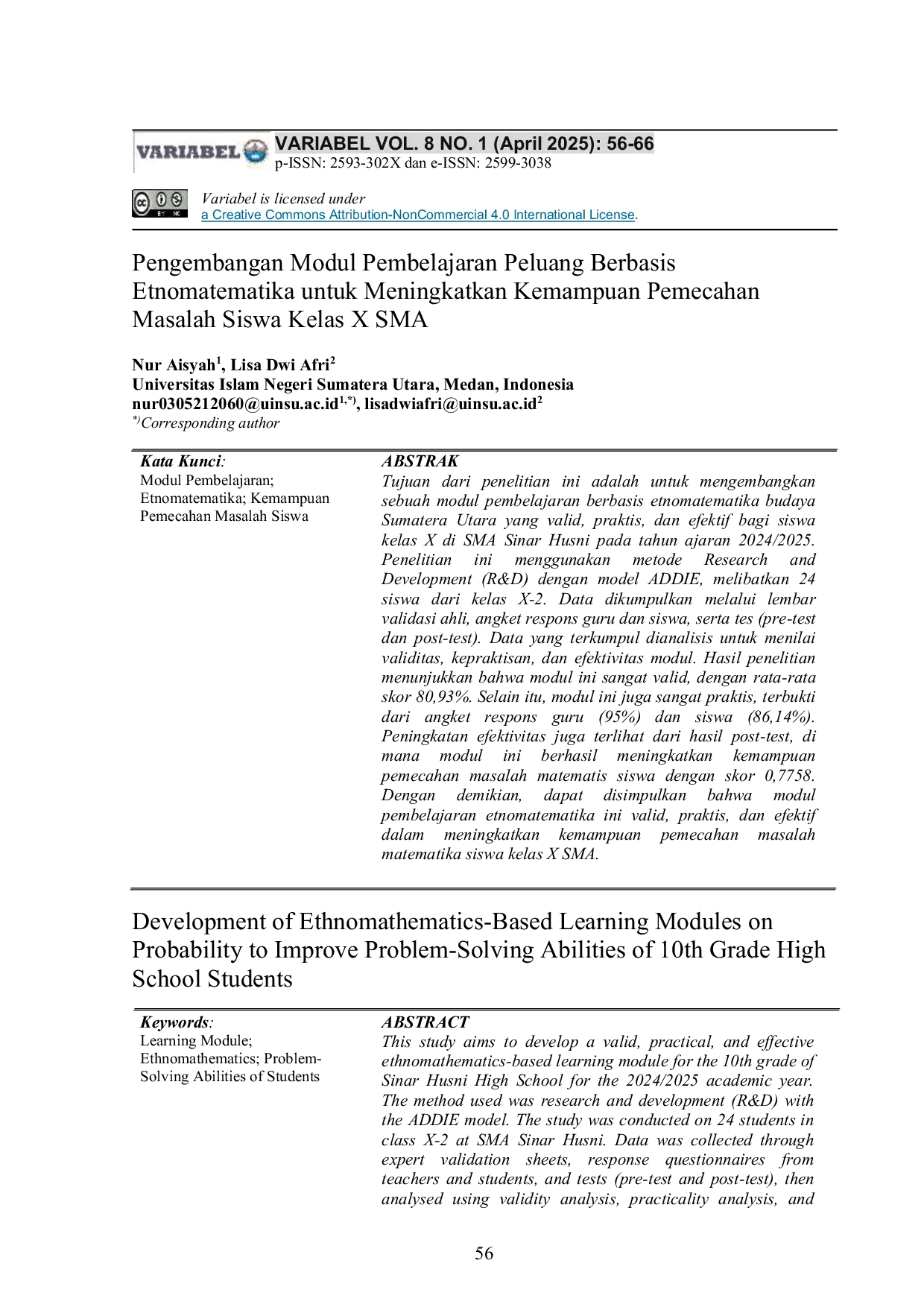 JURIS Pengembangan Modul Pembelajaran Peluang Berbasis Etnomatematika untuk Meningkatkan Kemampuan Pemecahan Masalah Siswa Kelas X SMA