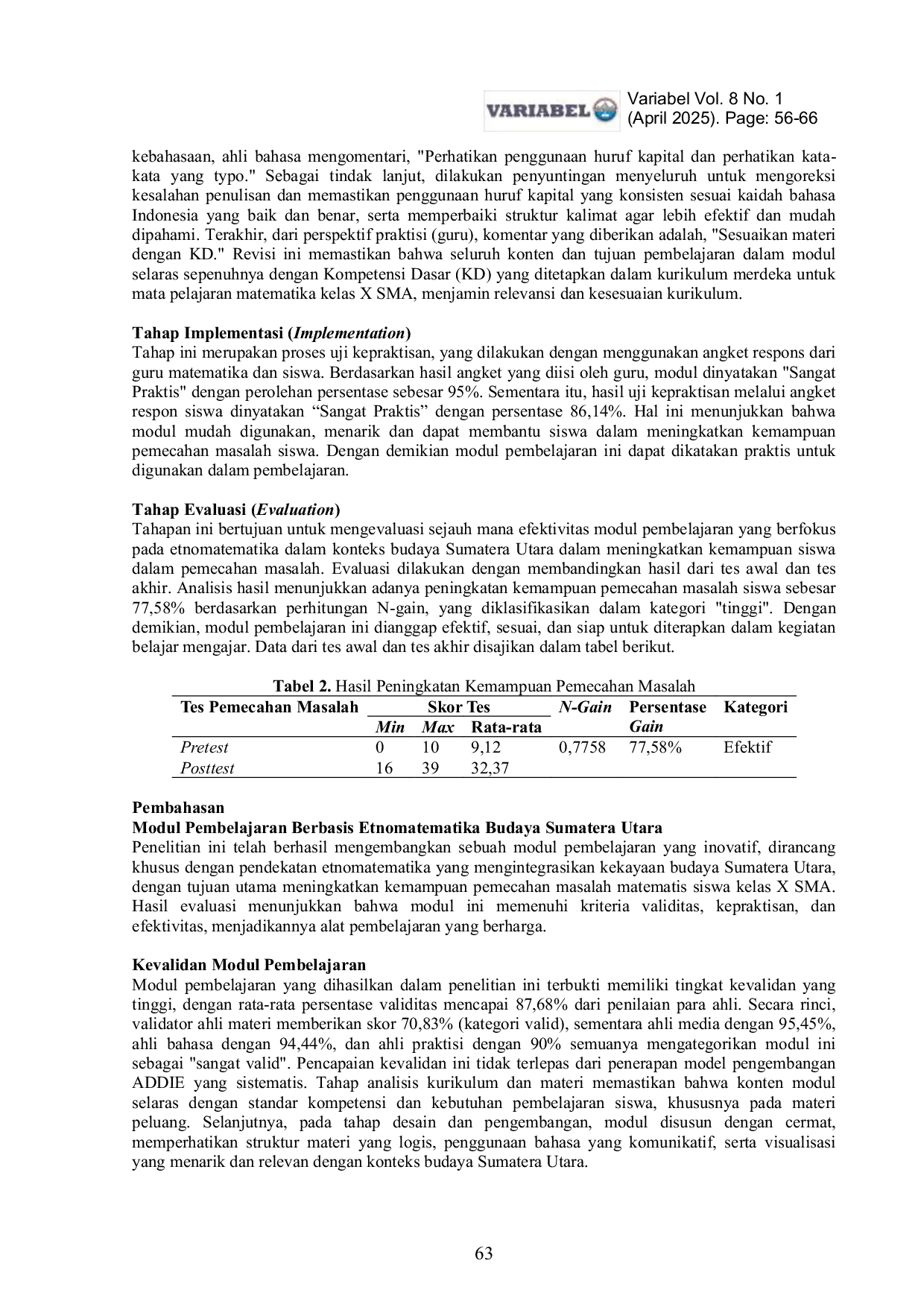 JURIS Pengembangan Modul Pembelajaran Peluang Berbasis Etnomatematika untuk Meningkatkan Kemampuan Pemecahan Masalah Siswa Kelas X SMA