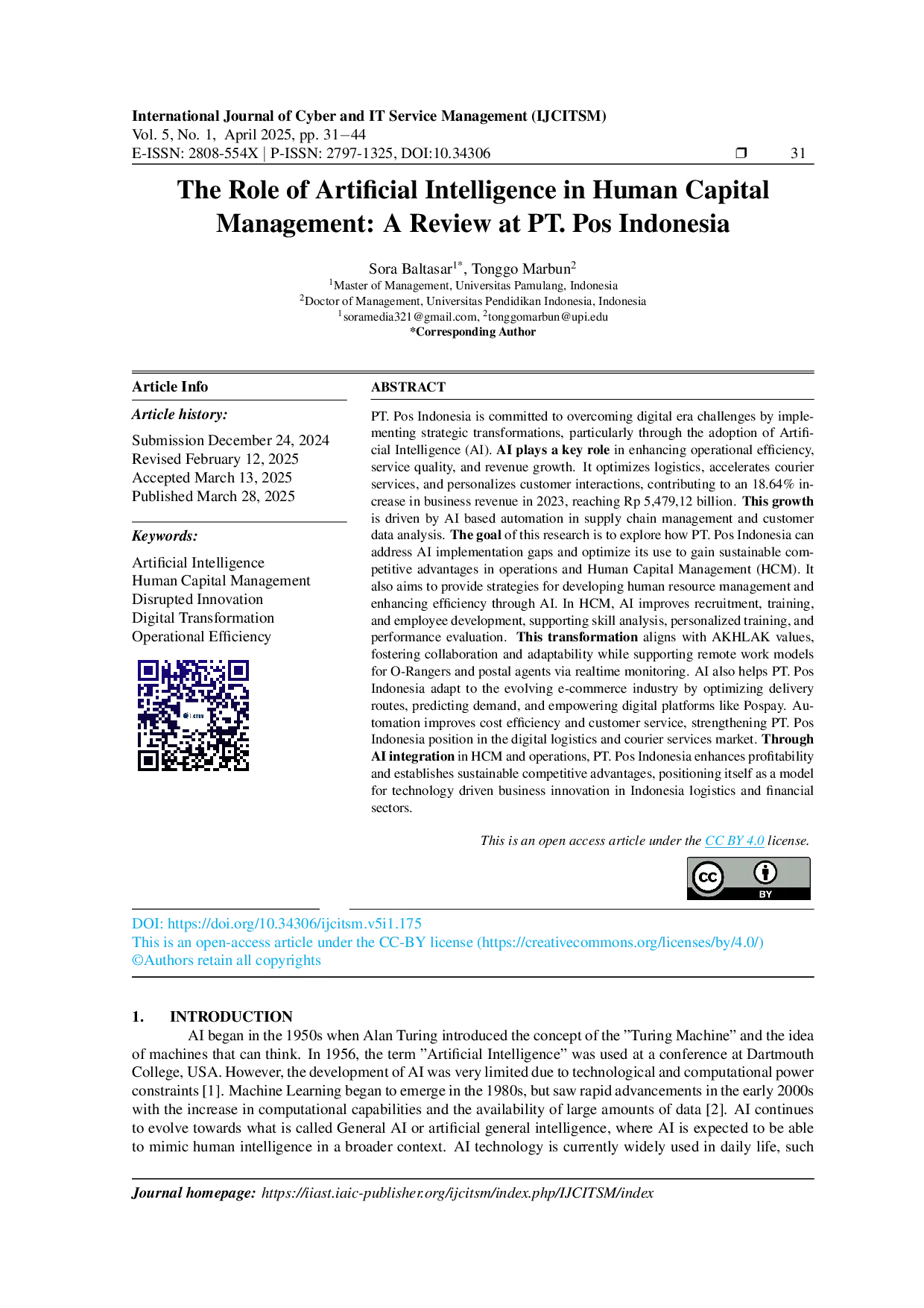 JURIS The Role of Artificial Intelligence in Human Capital Management A Review at PT Pos Indonesia