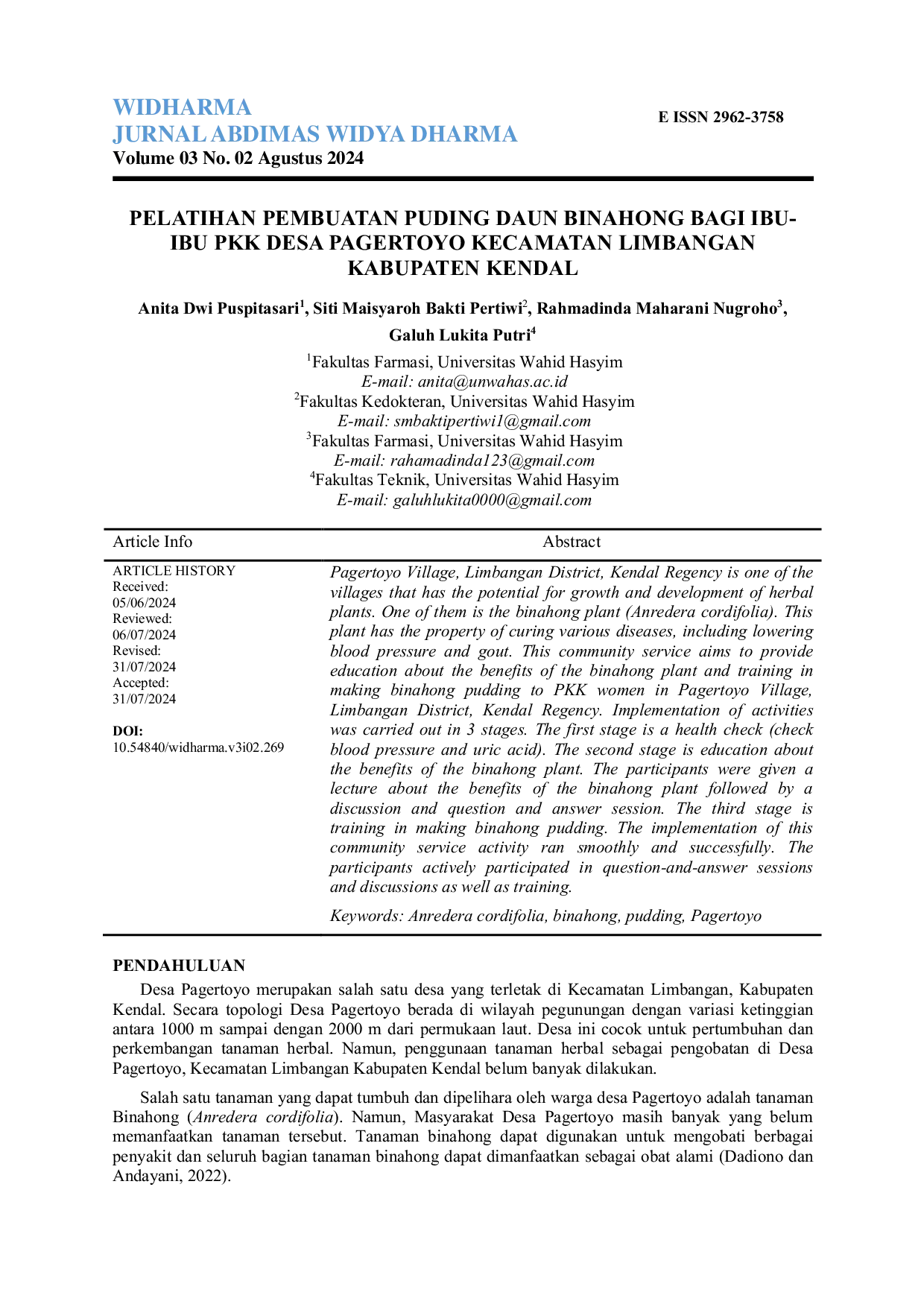 JURIS Pelatihan Pembuatan Puding Daun Binahong Bagi Ibu Ibu Pkk Desa Pagertoyo Kecamatan Limbangan Kabupaten Kendal