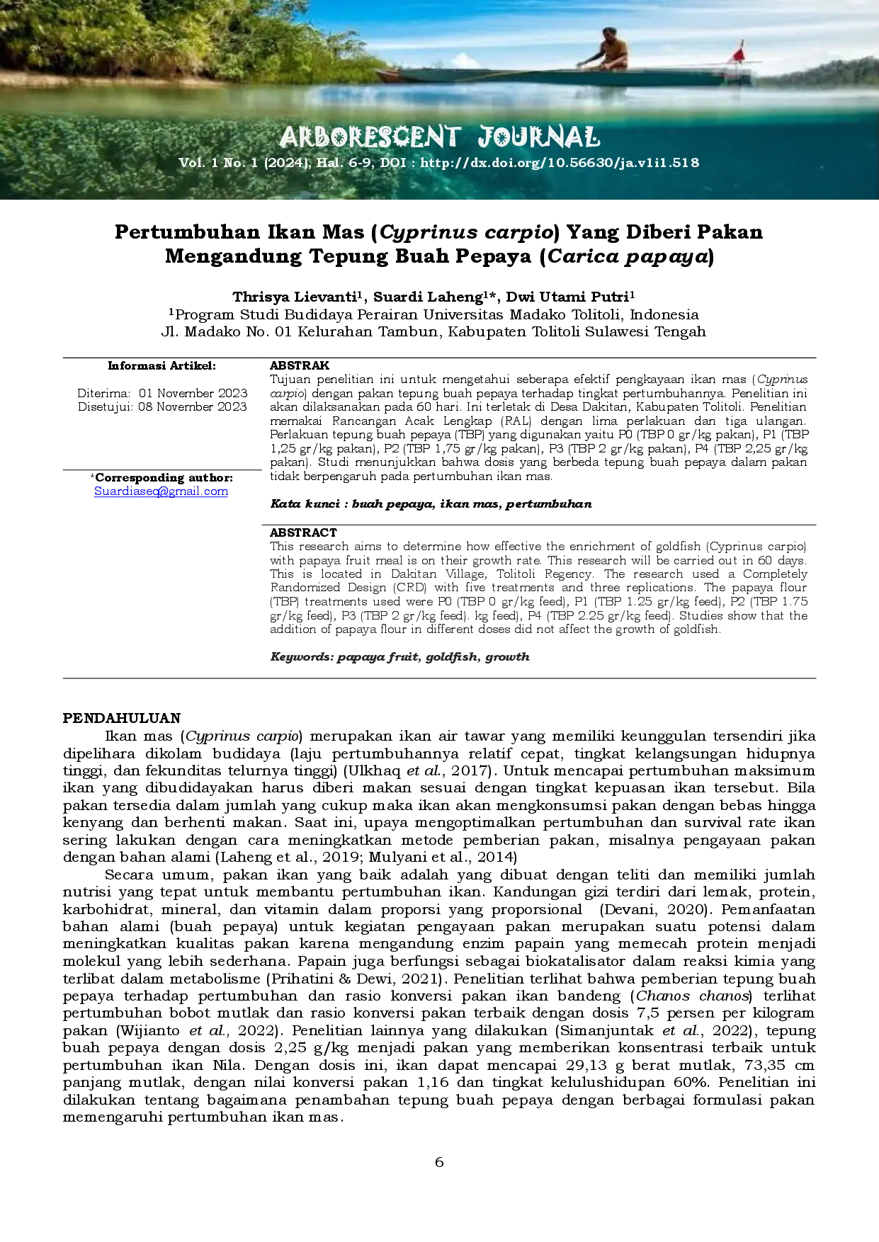 juris Pertumbuhan Ikan Mas Cyprinus carpio Yang Diberi Pakan Mengandung Tepung Buah Pepaya Carica papaya