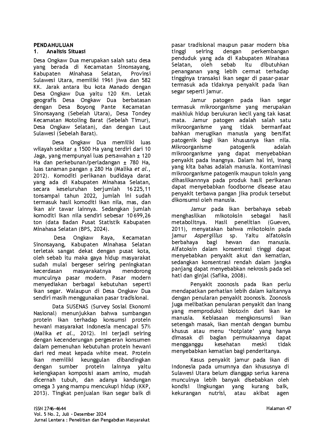 juris PKM Masyarakat Desa Ongkaw Dua tentang Eksplorasi dan Bahaya Jamur Patogen pada Ikan Nila yang Siap Dipasarkan dan Dikonsumsi