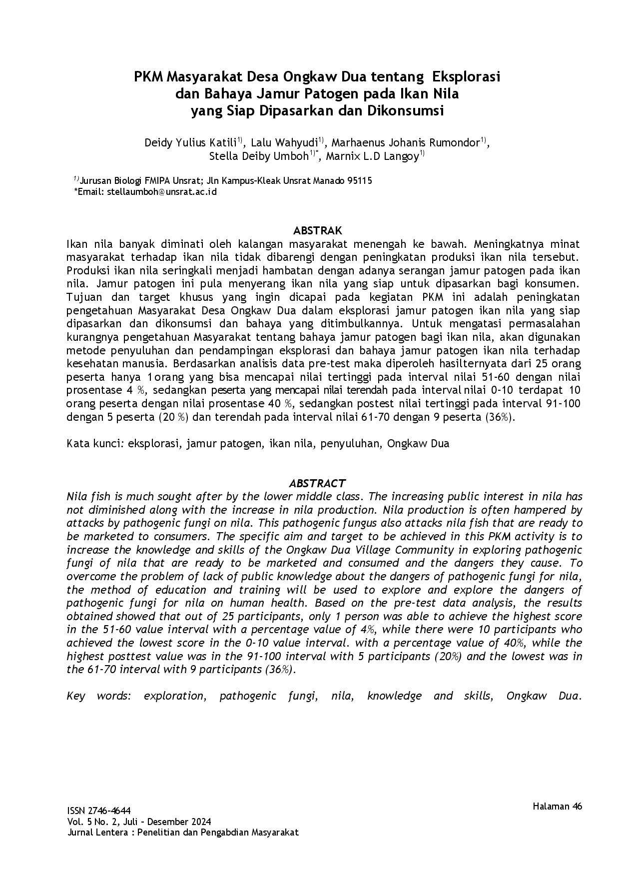 juris PKM Masyarakat Desa Ongkaw Dua tentang Eksplorasi dan Bahaya Jamur Patogen pada Ikan Nila yang Siap Dipasarkan dan Dikonsumsi