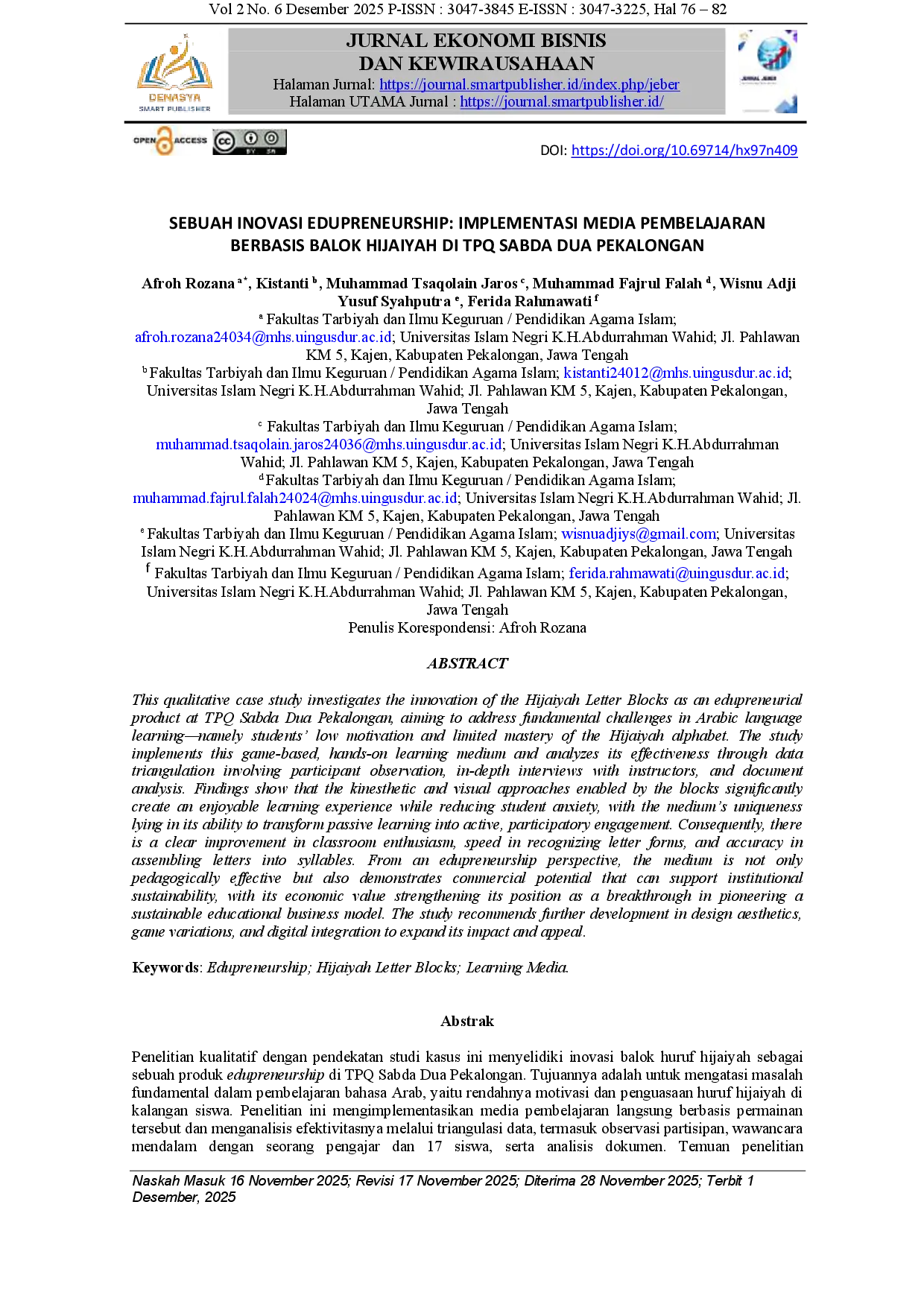juris SEBUAH INOVASI EDUPRENEURSHIP IMPLEMENTASI MEDIA PEMBELAJARAN BERBASIS BALOK HIJAIYAH di TPQ SABDA DUA PEKALONGAN