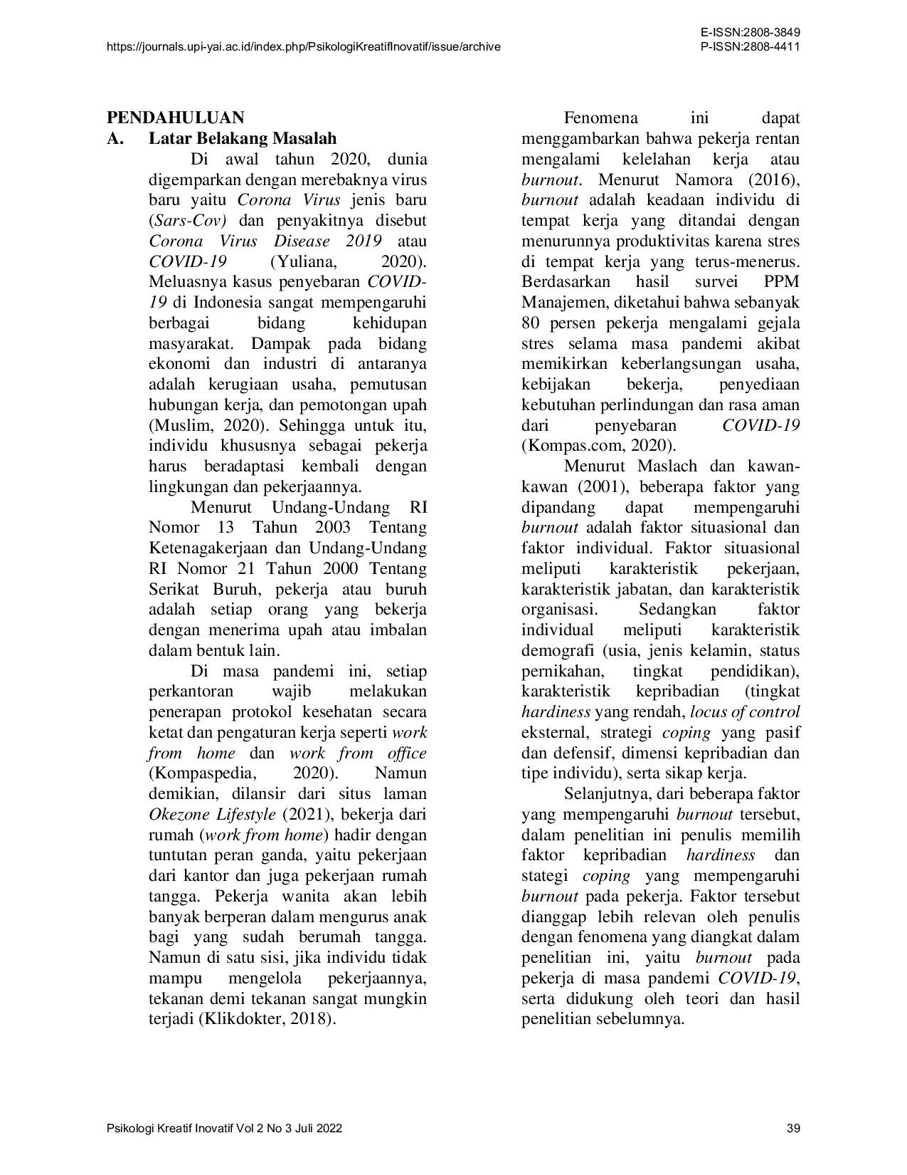 JURIS Pengaruh Kepribadian Hardiness dan Strategi Coping Terhadap Burnout Pada Pekerja di Masa Pandemi COVID 19