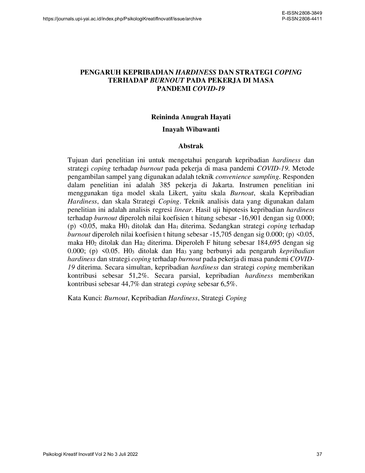 JURIS Pengaruh Kepribadian Hardiness dan Strategi Coping Terhadap Burnout Pada Pekerja di Masa Pandemi COVID 19