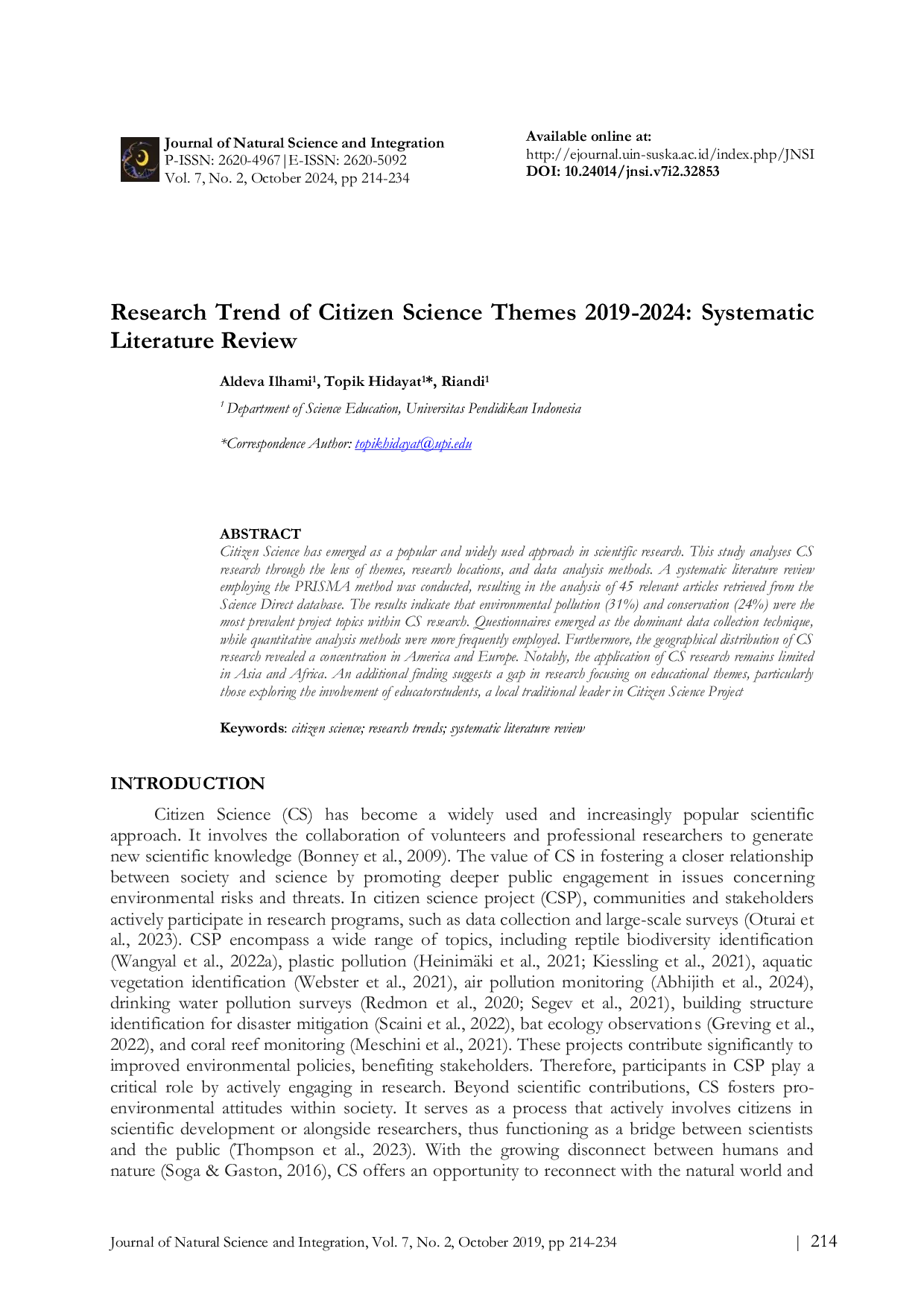 JURIS Research Trend of Citizen Science Themes 2019 2024 Systematic Literature Review