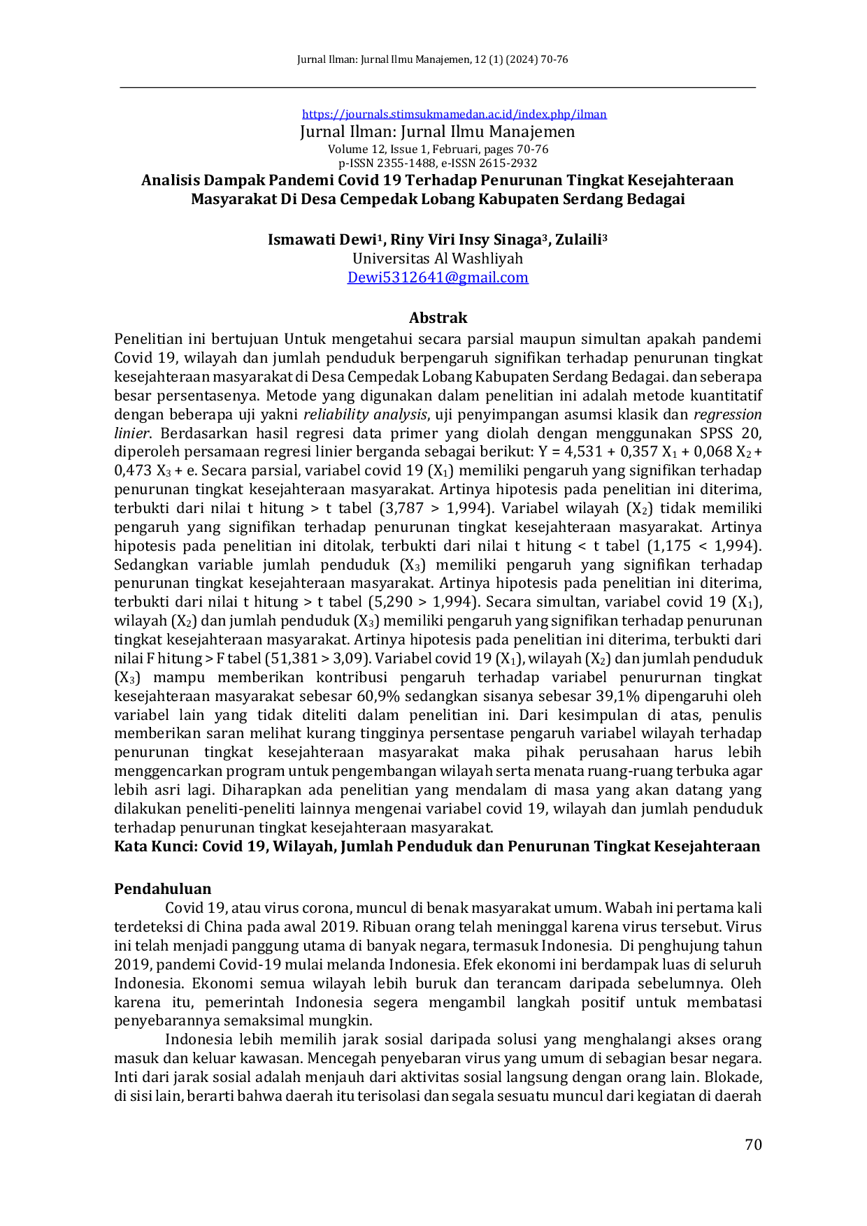 JURIS Analisis Dampak Pandemi Covid 19 Terhadap Penurunan Tingkat Kesejahteraan Masyarakat Di Desa Cempedak Lobang Kabupaten Serdang Bedagai