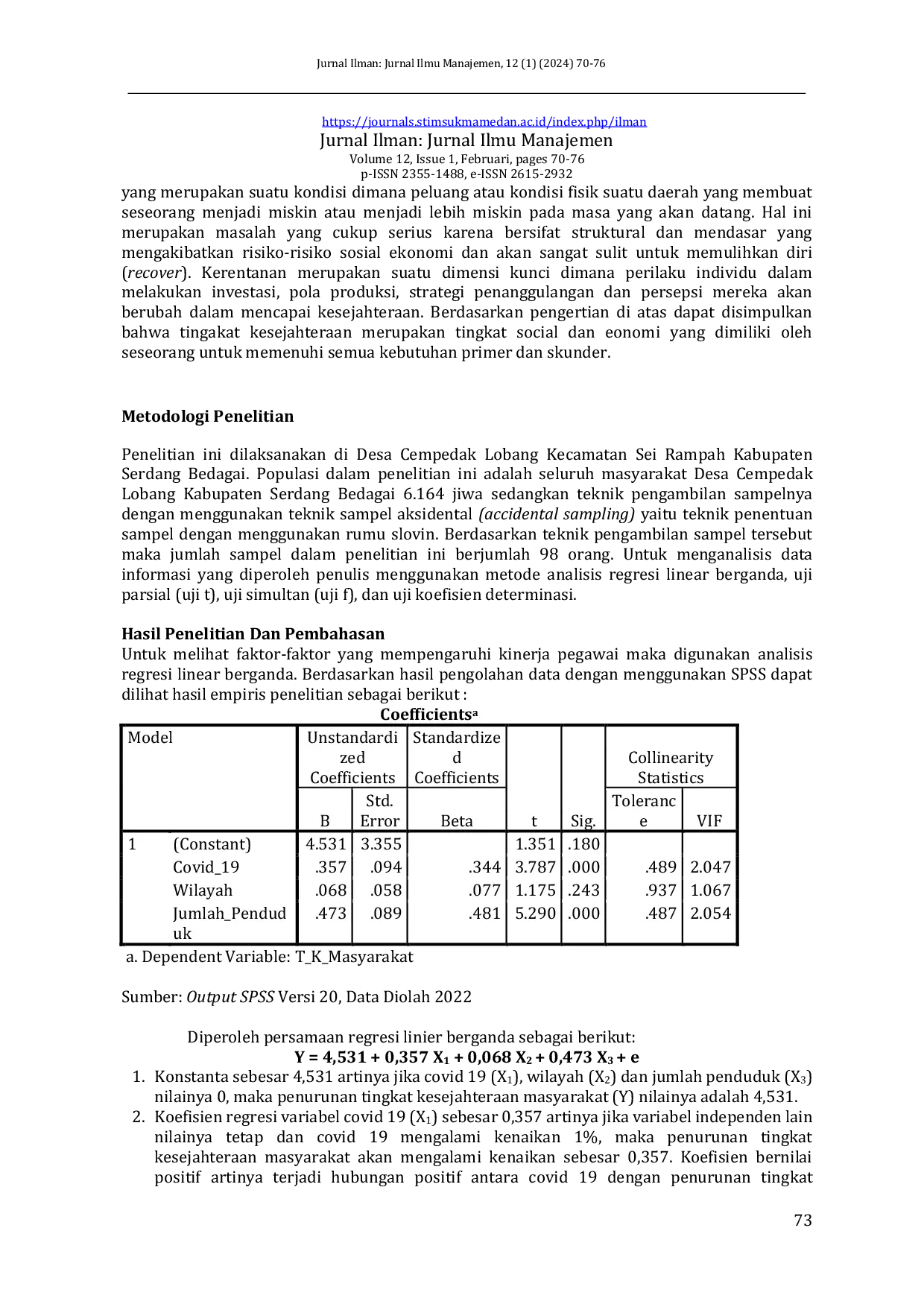 JURIS Analisis Dampak Pandemi Covid 19 Terhadap Penurunan Tingkat Kesejahteraan Masyarakat Di Desa Cempedak Lobang Kabupaten Serdang Bedagai
