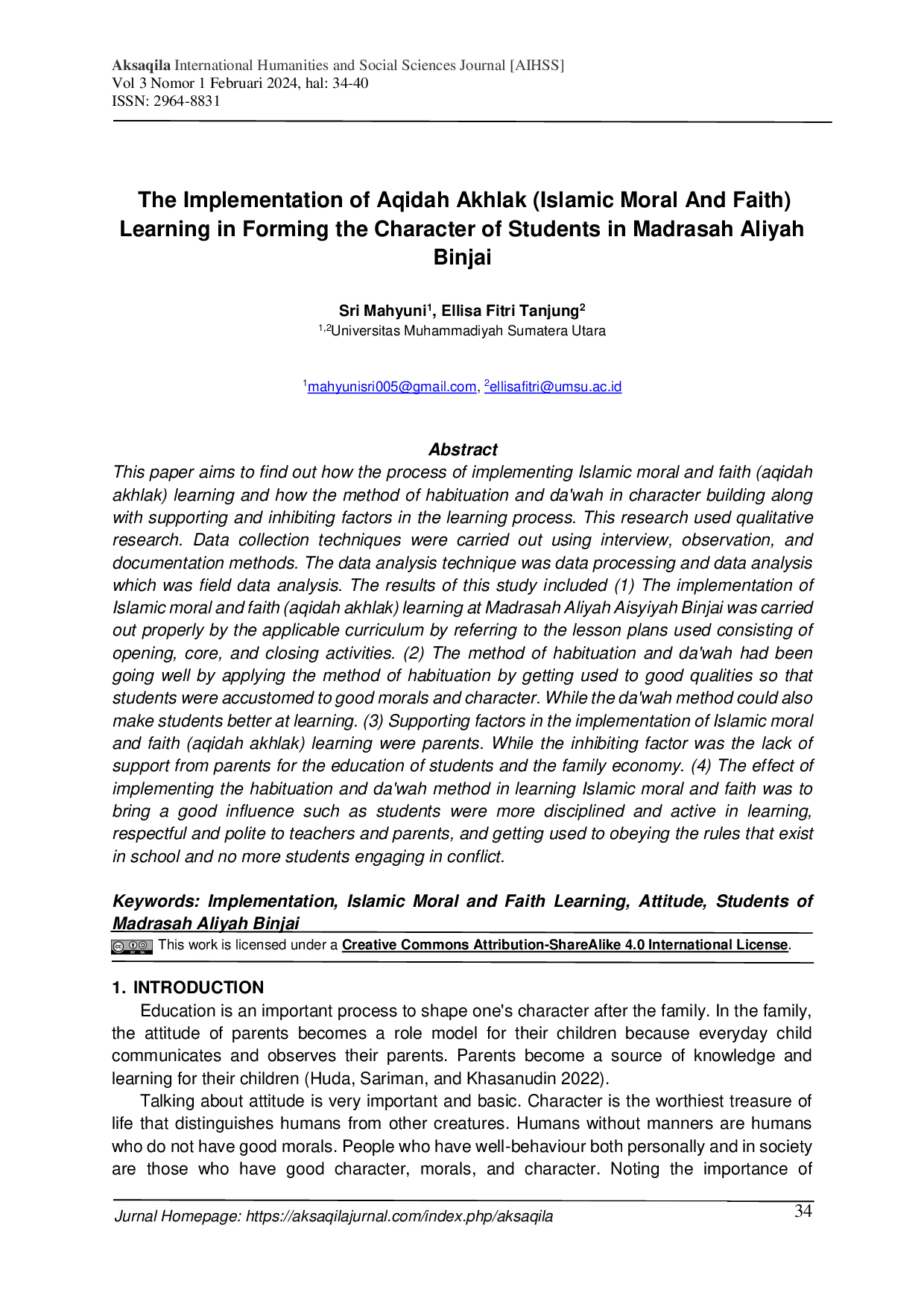 JURIS The Implementation of Aqidah Akhlak Islamic Moral and Faith Learning in Forming the Character of Students in Madrasah Aliyah Binjai