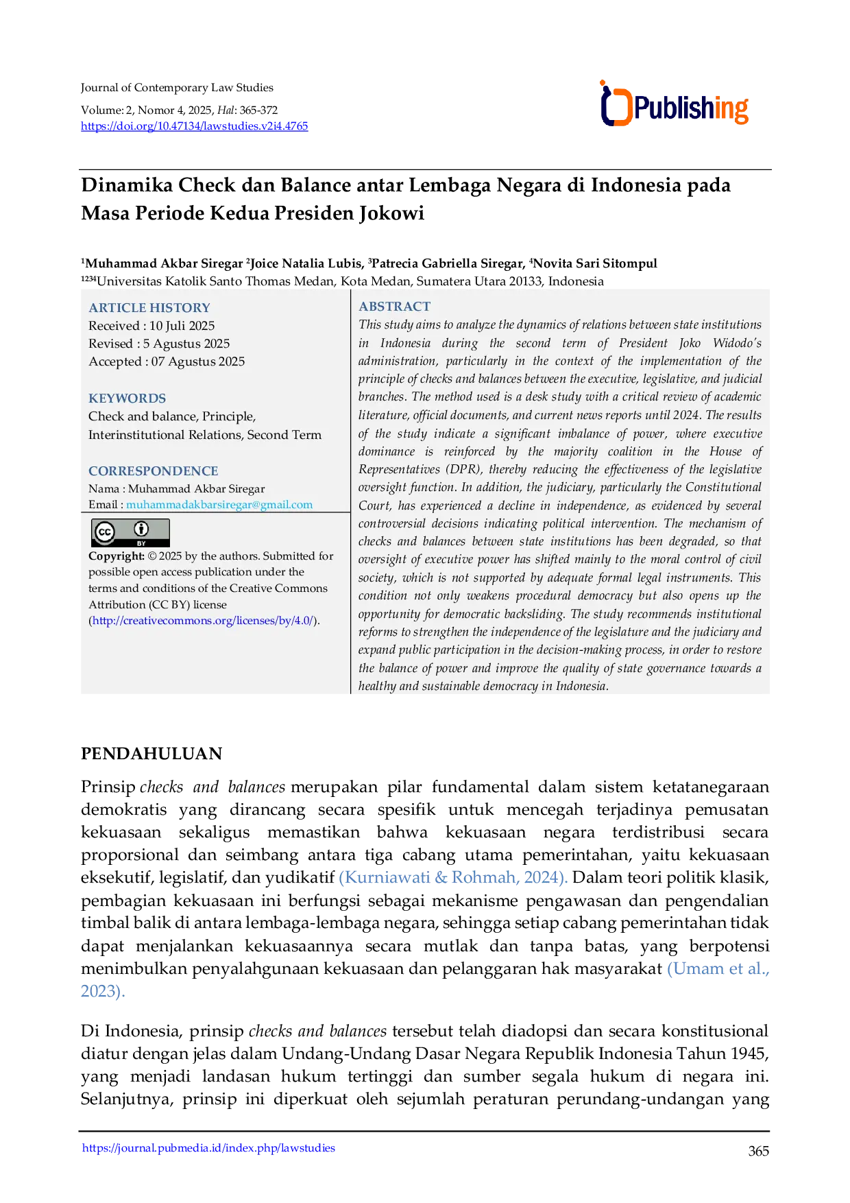 JURIS Dinamika Check Balance Antar Lembaga Negara di Indonesia Pada Masa Periode Kedua Presiden Jokowi