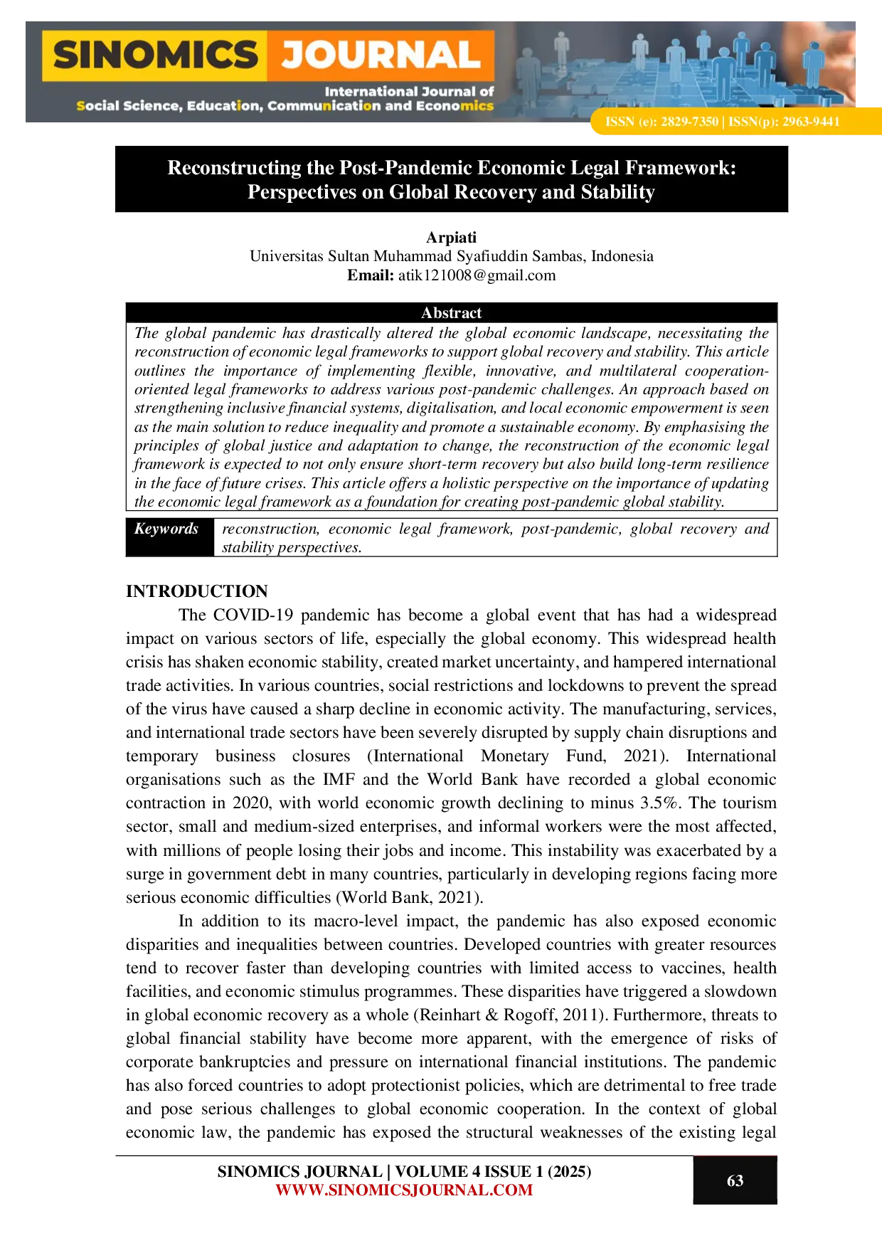JURIS Reconstructing the Post Pandemic Economic Legal Framework Perspectives on Global Recovery and Stability