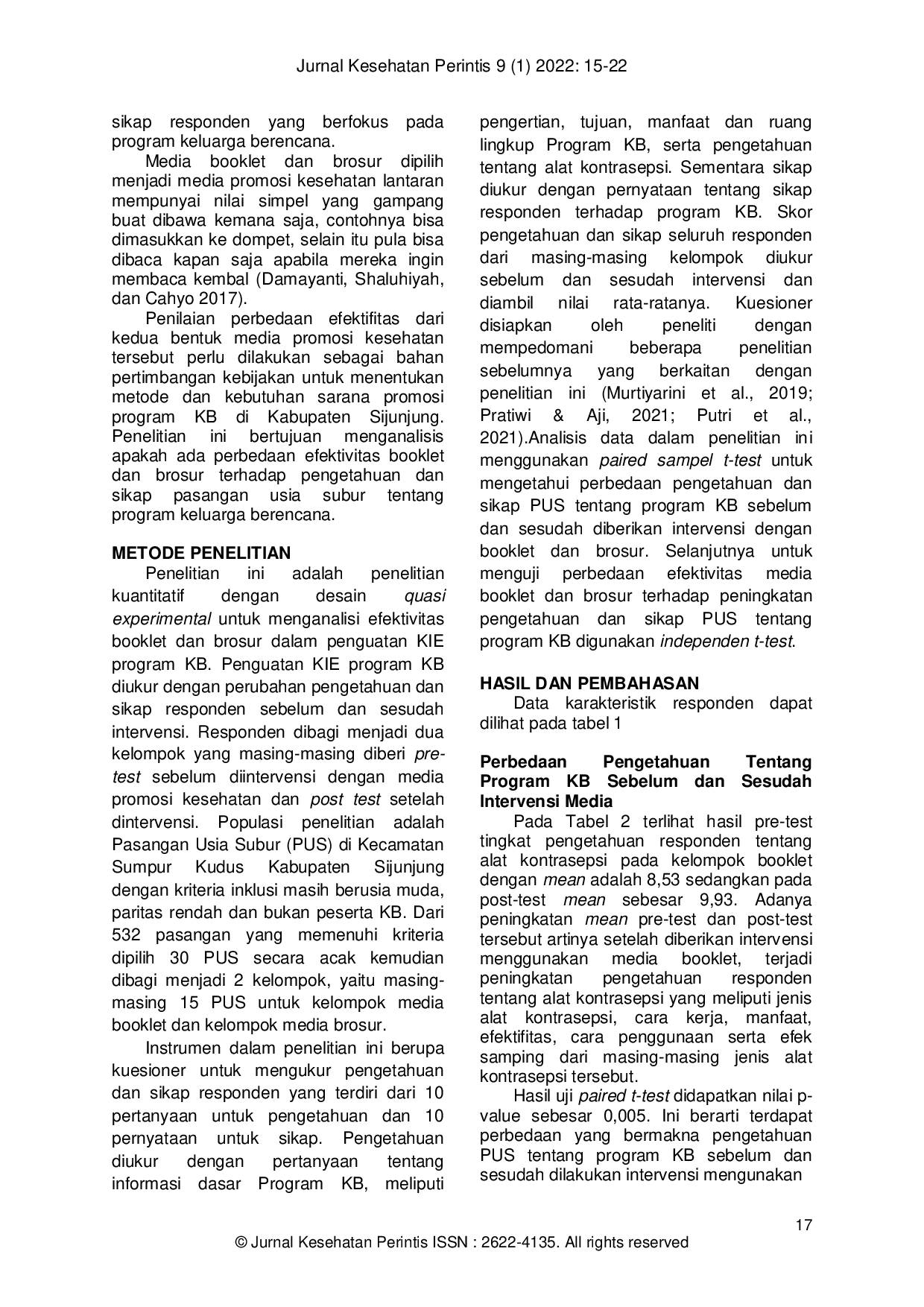 JURIS Efektifitas Media Booklet dan Brosur terhadap Peningkatan Pengetahuan dan Sikap Pasangan Usia Subur tentang Program Keluarga Berencana