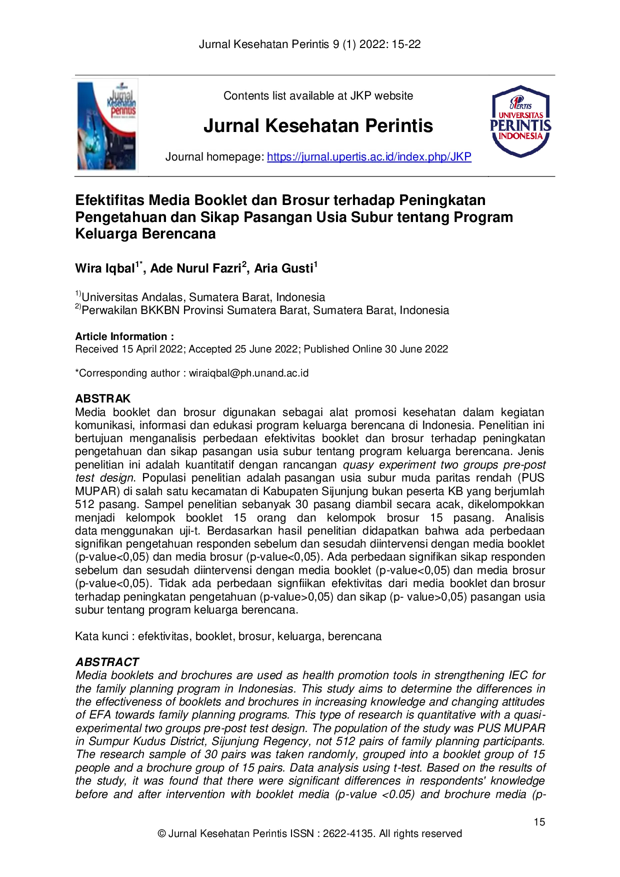 JURIS Efektifitas Media Booklet dan Brosur terhadap Peningkatan Pengetahuan dan Sikap Pasangan Usia Subur tentang Program Keluarga Berencana