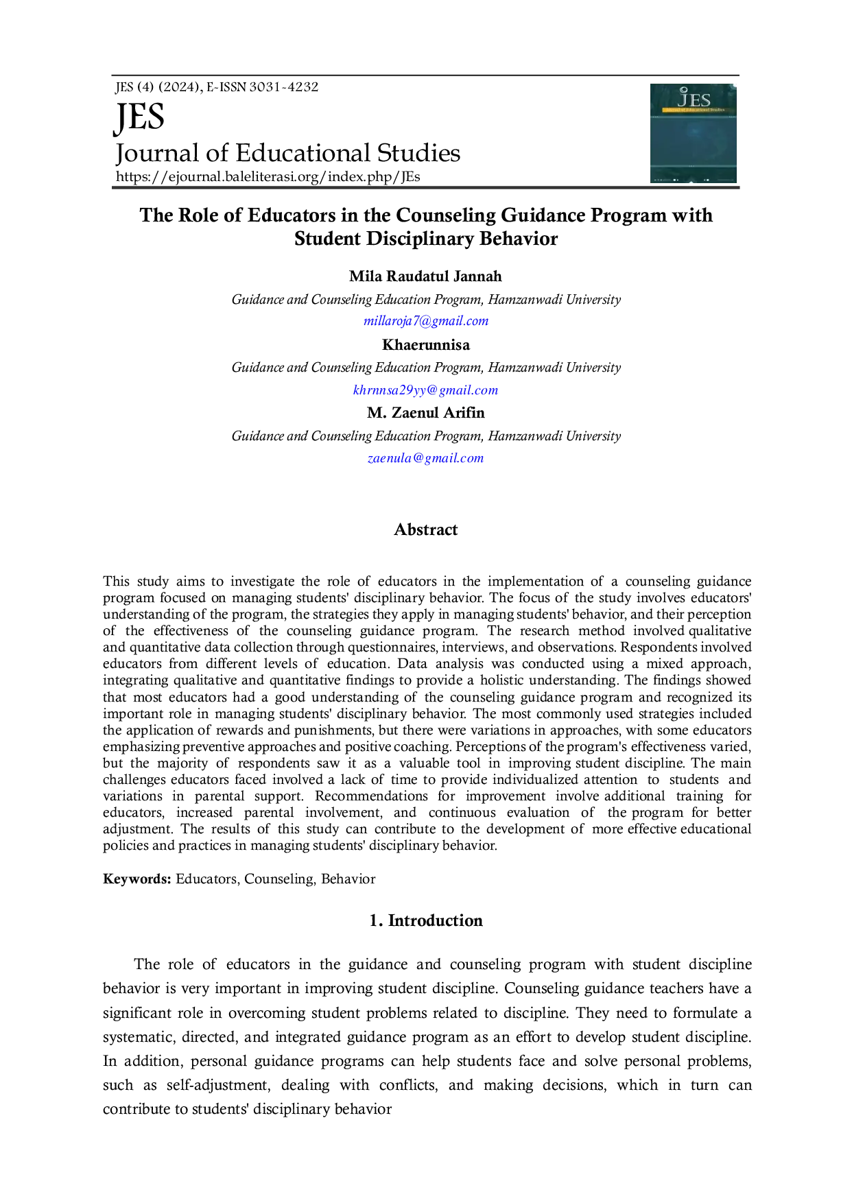 JURIS The Role of Educators in the Counseling Guidance Program with Student Disciplinary Behavior