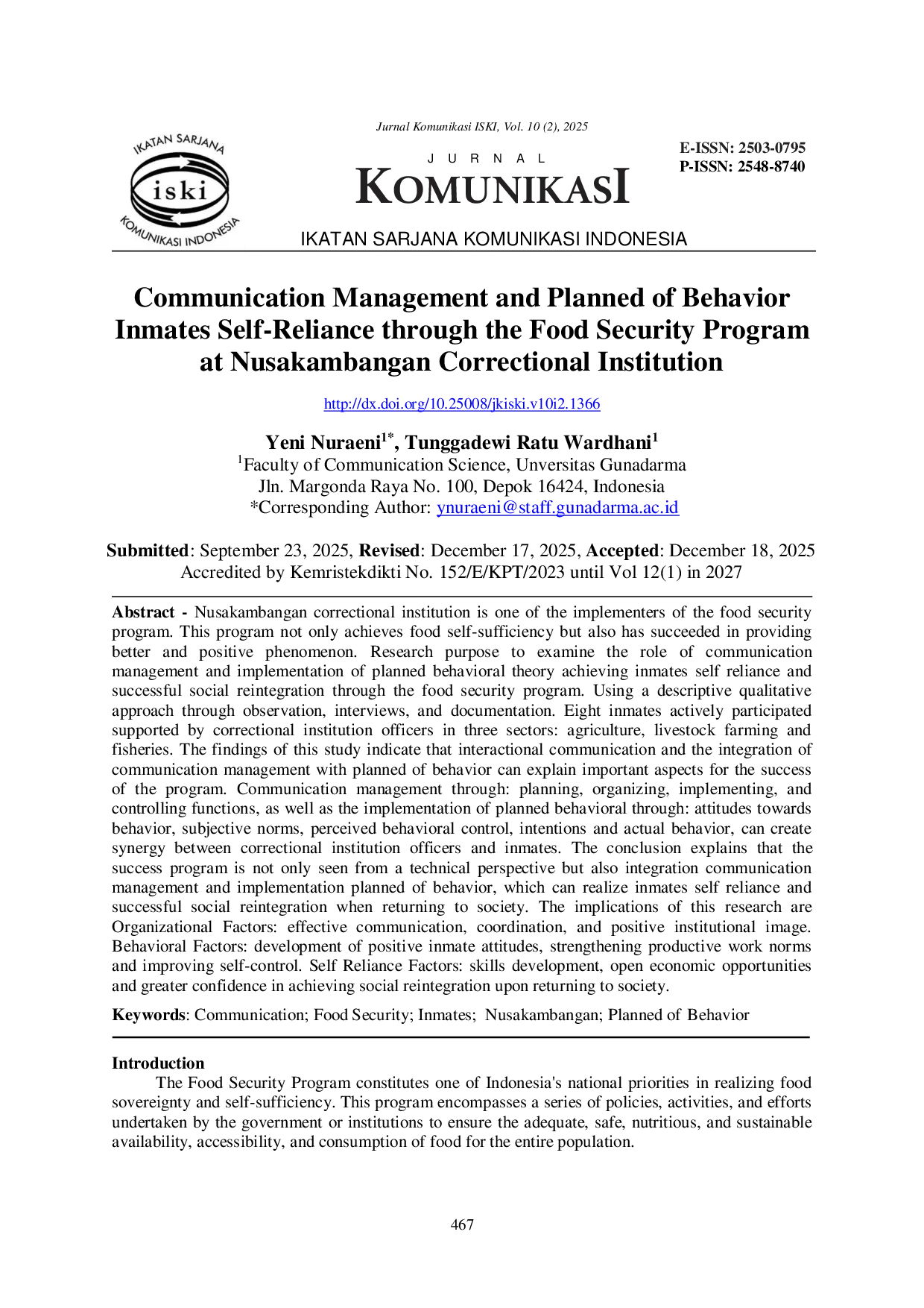 JURIS Communication Management and Planned of Behavior Inmates Self Reliance through the Food Security Program at Nusakambangan Correctional Institution