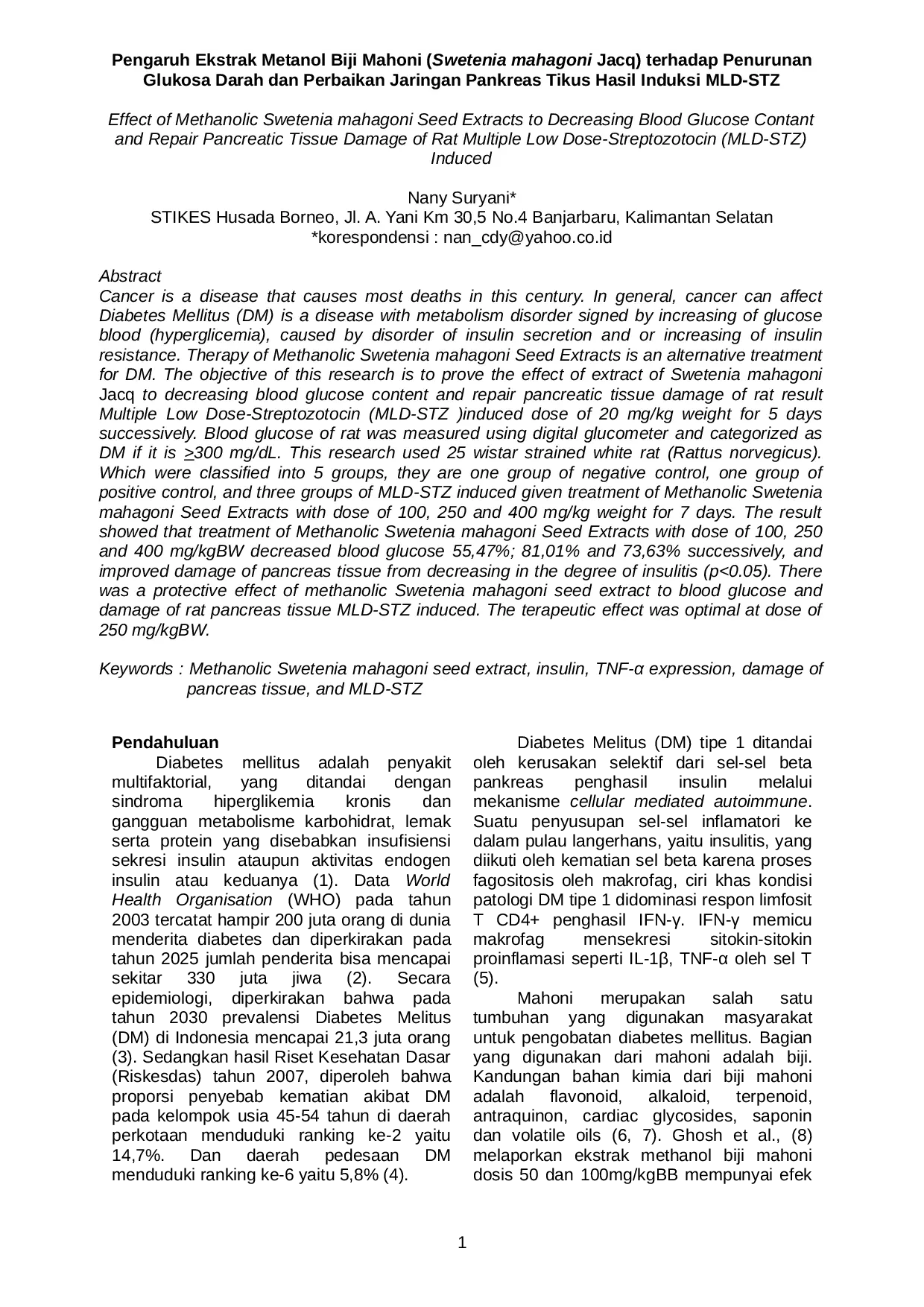 JURIS Pengaruh Ekstrak Metanol Biji Mahoni Swetenia Mahagoni Jacq Terhadap Penurunan Glukosa Darah Dan Perbaikan Jaringan Pankreas Tikus Hasil Induksi MLD STZ