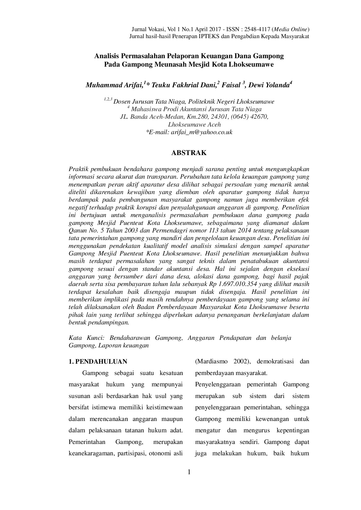 JURIS Analisis Permasalahan Pelaporan Keuangan Dana Gampong Pada Gampong Meunasah Mesjid Kota Lhokseumawe