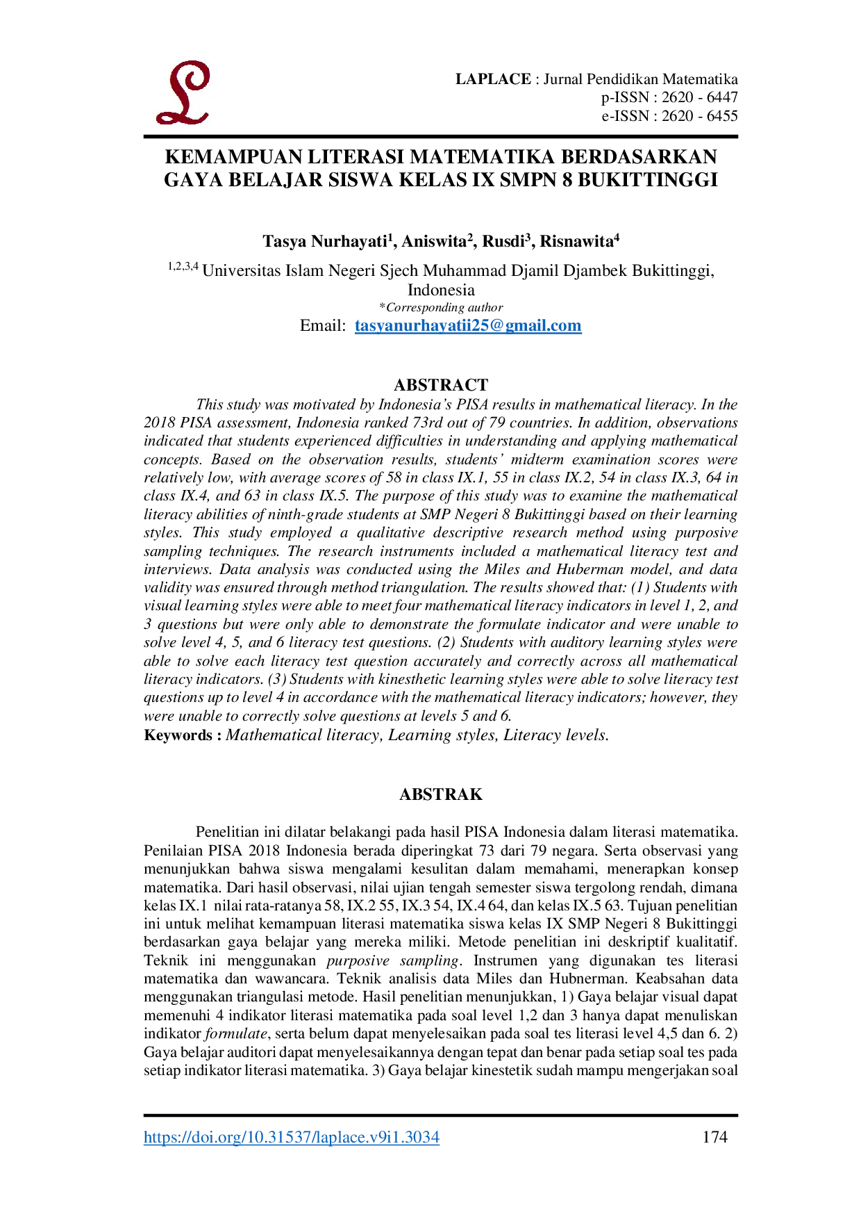 JURIS KEMAMPUAN LITERASI MATEMATIKA BERDASARKAN GAYA BELAJAR SISWA KELAS IX SMPN 8 BUKITTINGGI