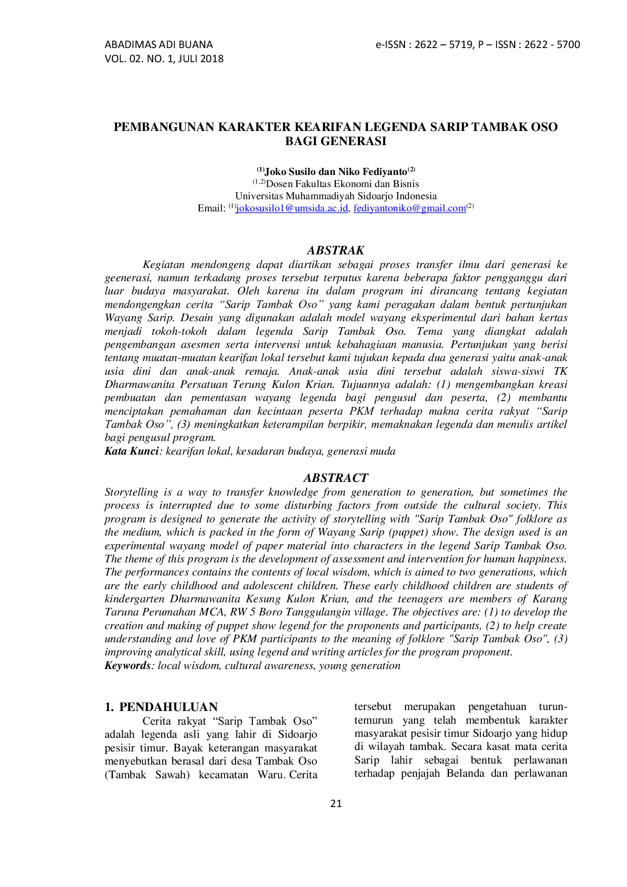 JURIS Pembangunan Karakter Kearifan Legenda Sarip Tambak Oso Bagi Generasi