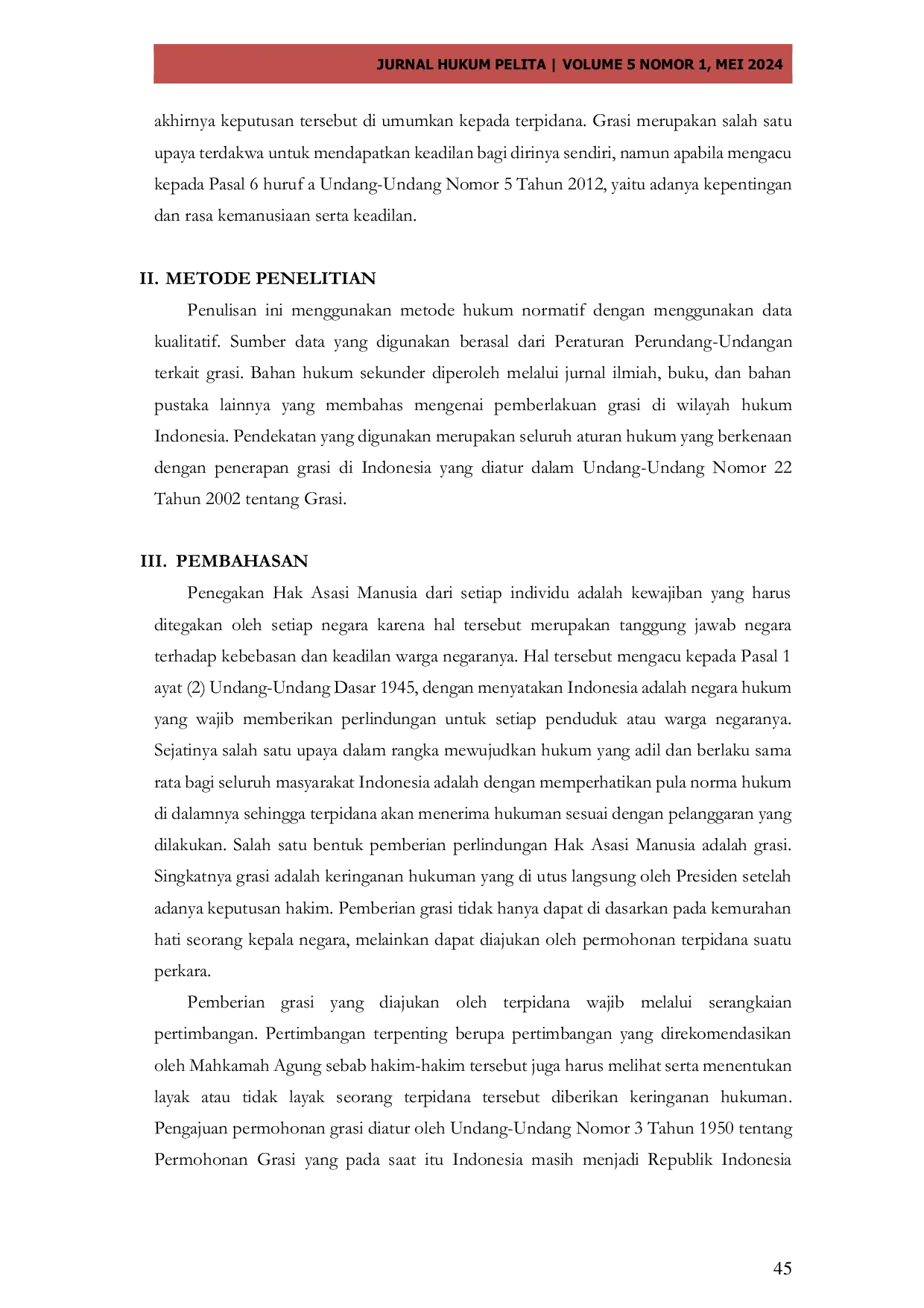 JURIS Penerapan Grasi Dalam Perspektif Hukum Pidana Bagi Terdakwa