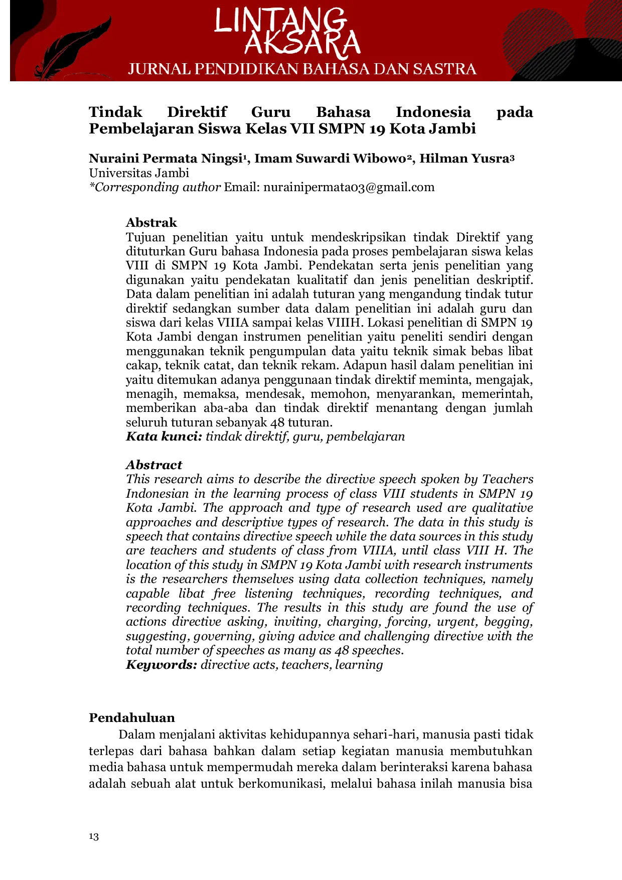 JURIS Tindak Direktif Guru Bahasa Indonesia Pembelajaran Siswa Kelas VII SMPN 19 Kota Jambi
