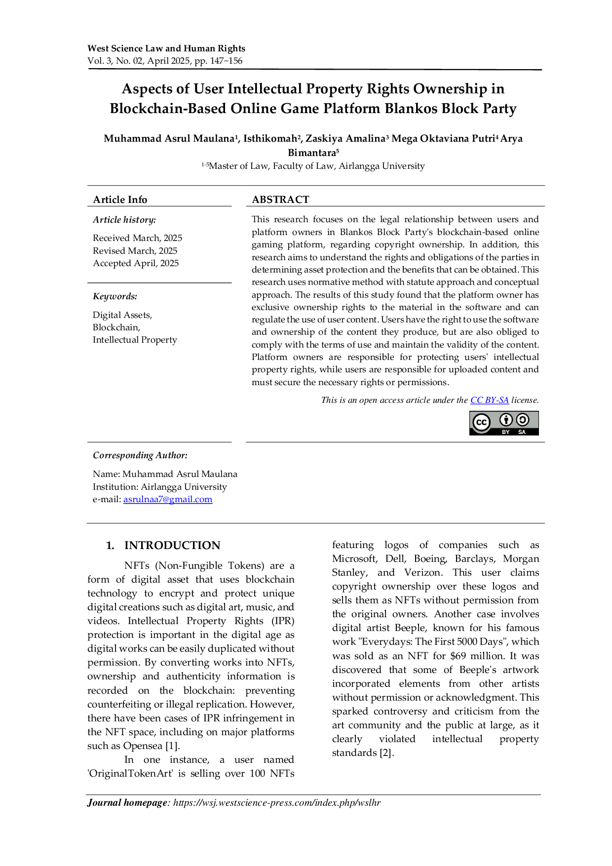 JURIS Aspects of User Intellectual Property Rights Ownership in Blockchain Based Online Game Platform Blankos Block Party