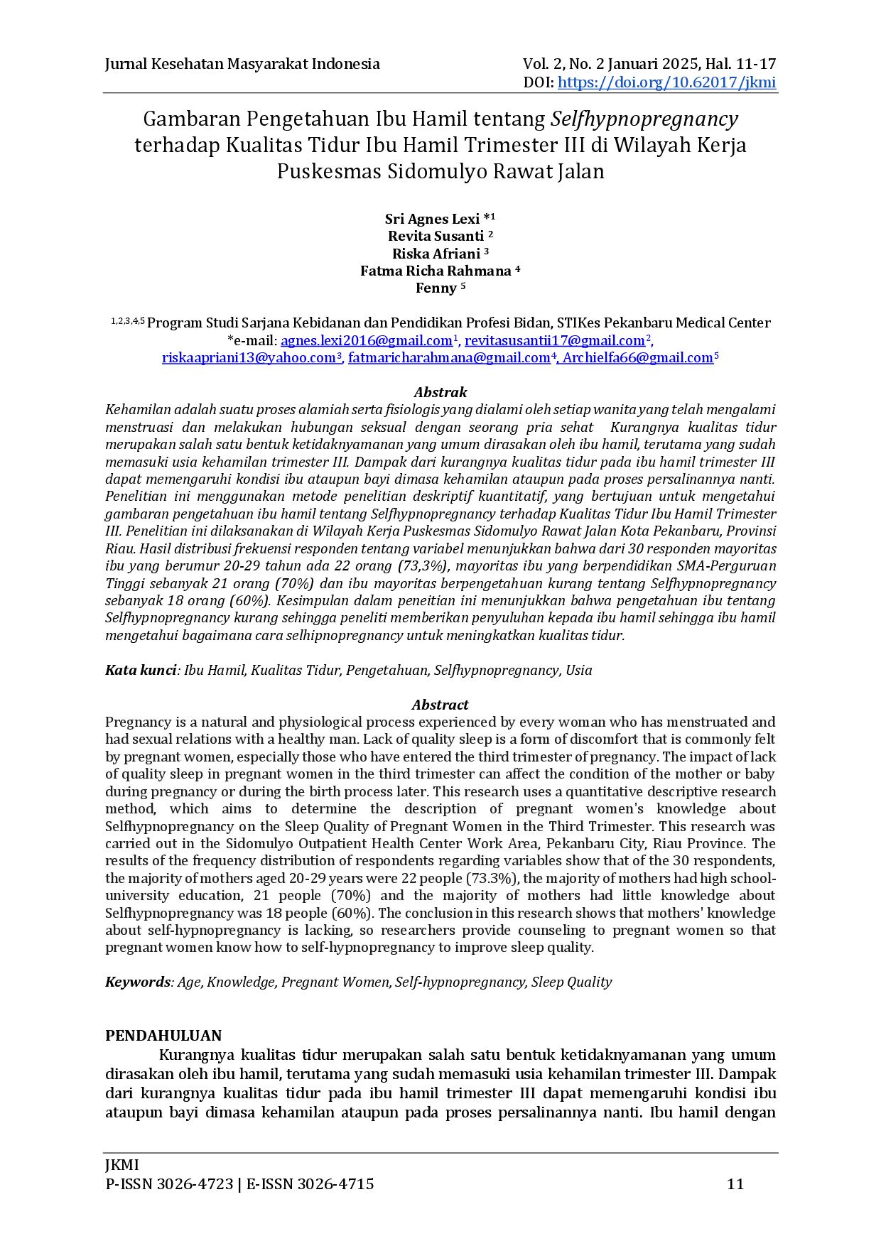 juris Gambaran Pengetahuan Ibu Hamil tentang Selfhypnopregnancy terhadap Kualitas Tidur Ibu Hamil Trimester III di Wilayah Kerja Puskesmas Sidomulyo Rawat Jalan