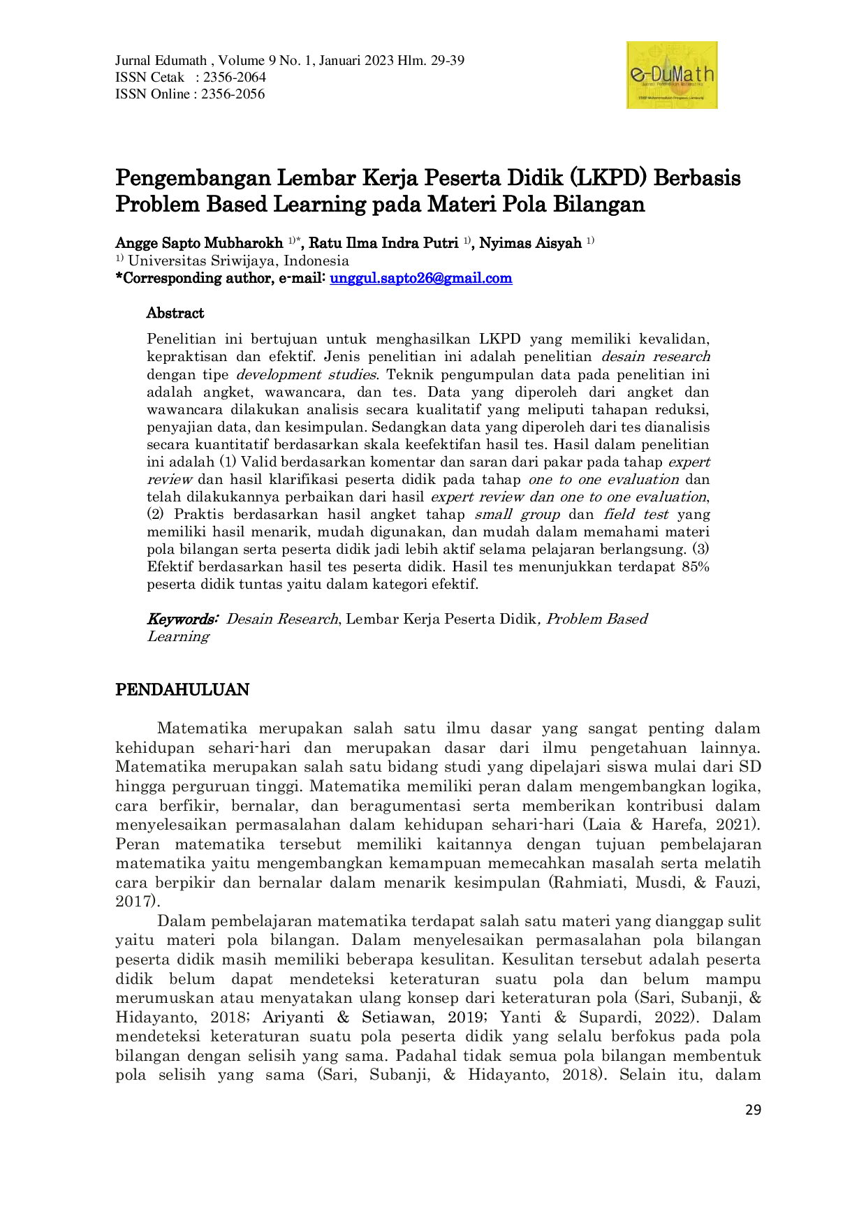 JURIS Pengembangan Lembar Kerja Peserta Didik LKPD Berbasis Problem Based Learning pada Materi Pola Bilangan