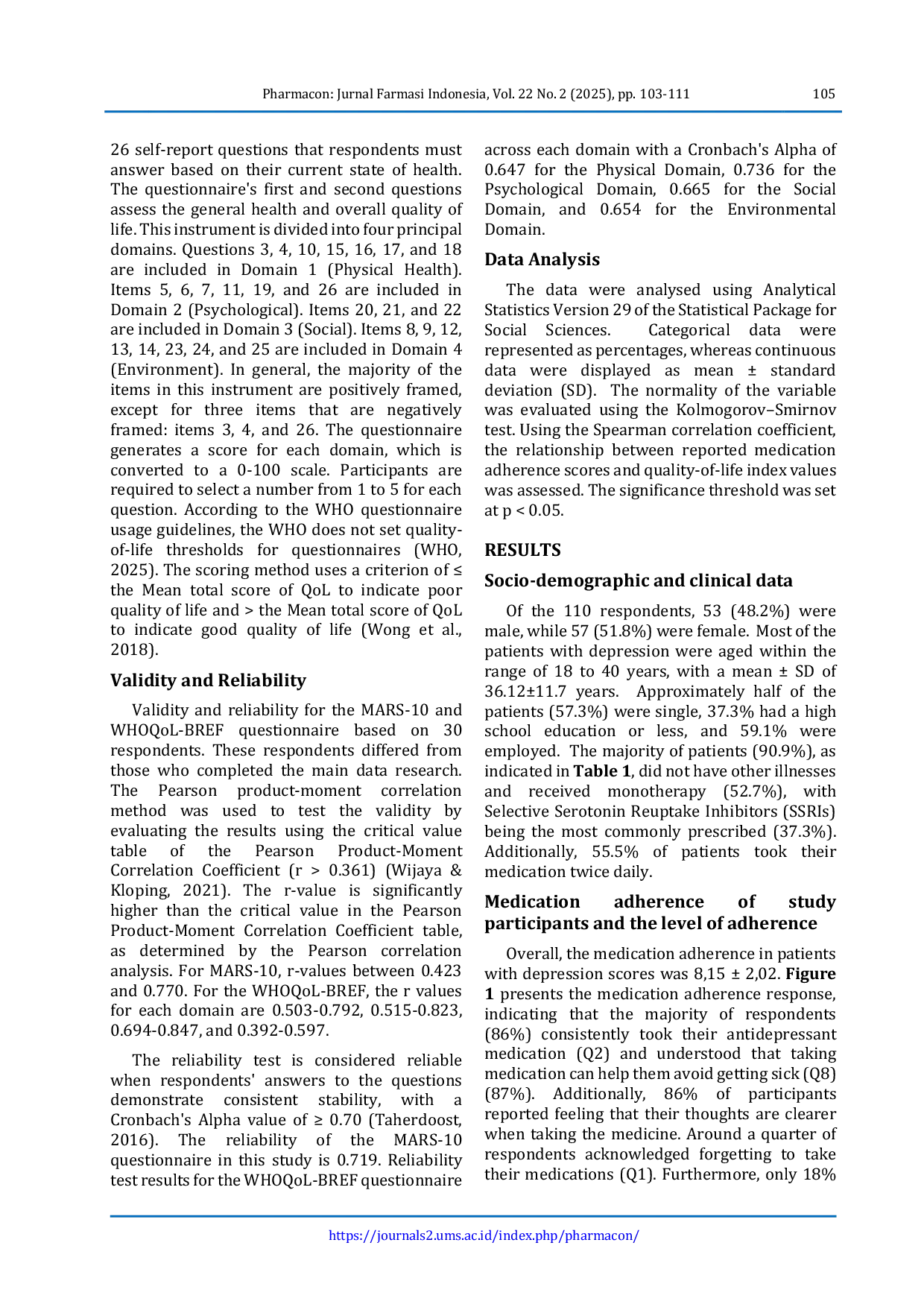 JURIS Medication Adherence and Quality of Life in Patients With Depression at Psychiatric Hospital in Surakarta Indonesia