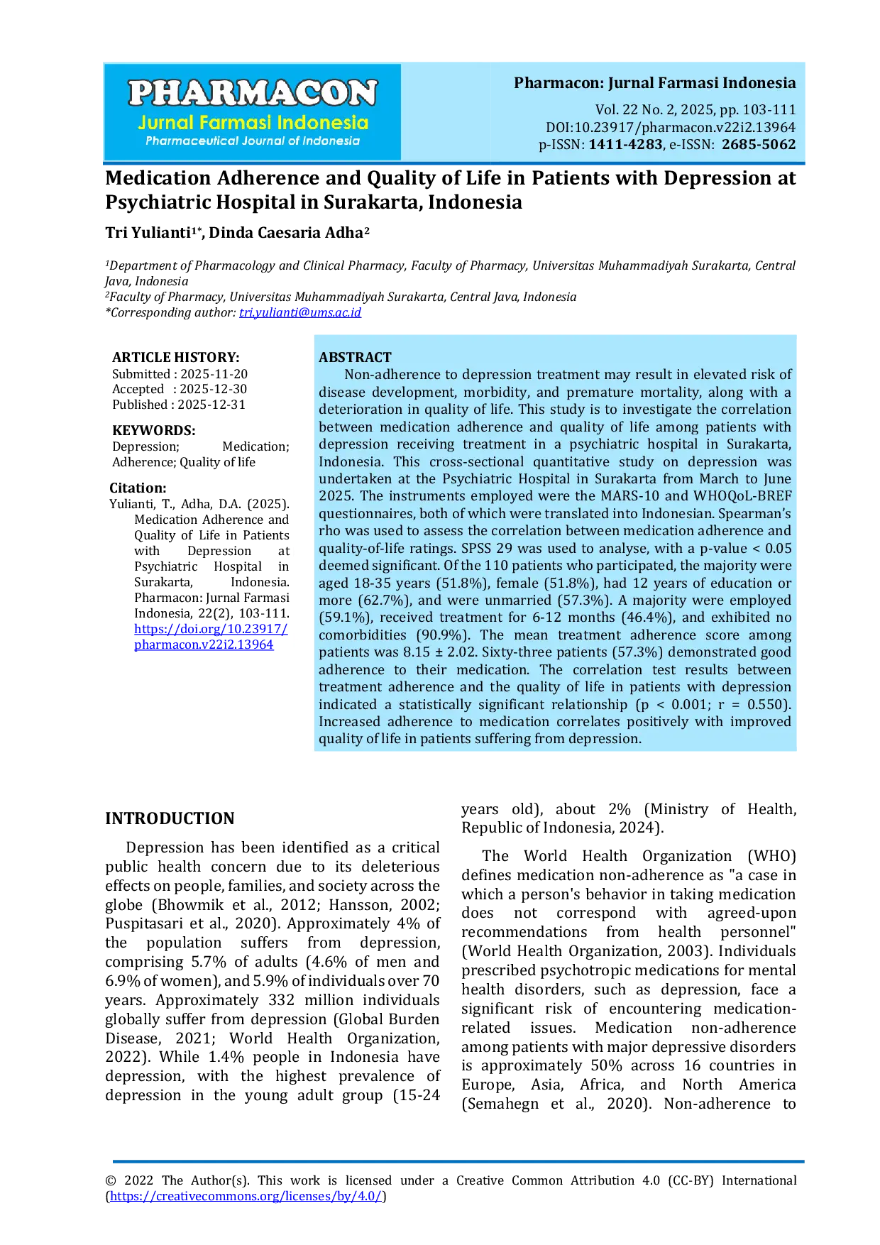 JURIS Medication Adherence and Quality of Life in Patients With Depression at Psychiatric Hospital in Surakarta Indonesia